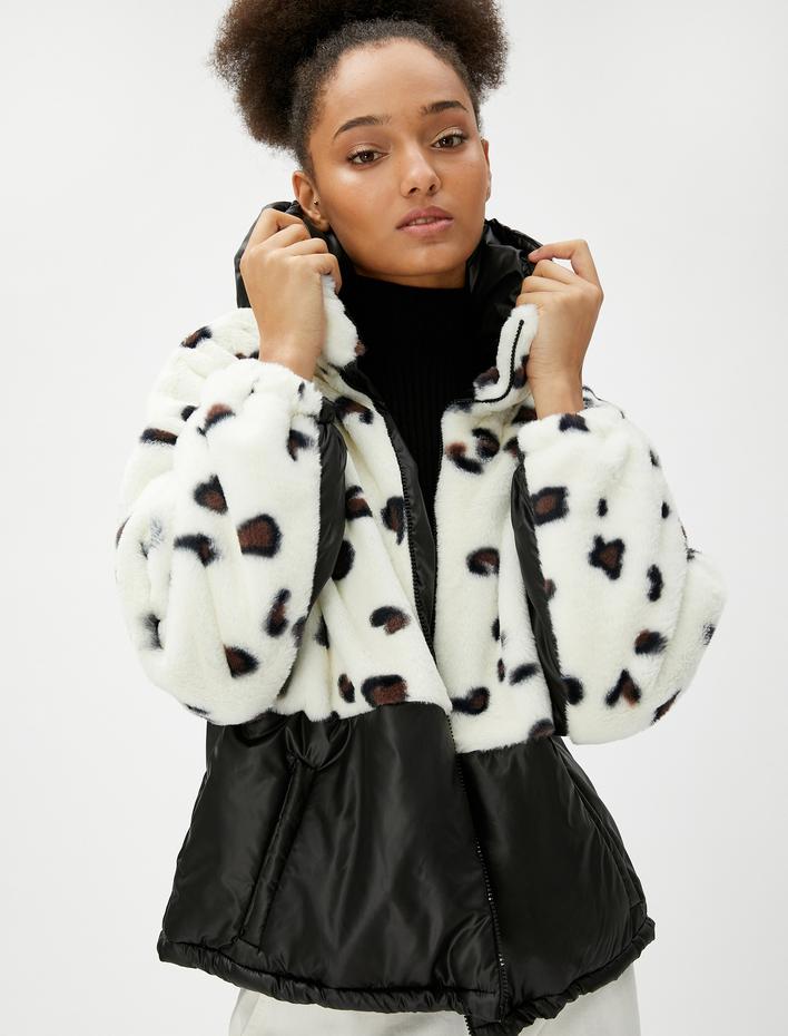  Peluş Mont Kapüşonlu Dik Yaka Cep Detaylı Fermuarlı