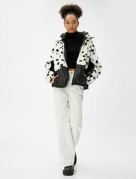 Peluş Mont Kapüşonlu Dik Yaka Cep Detaylı Fermuarlı