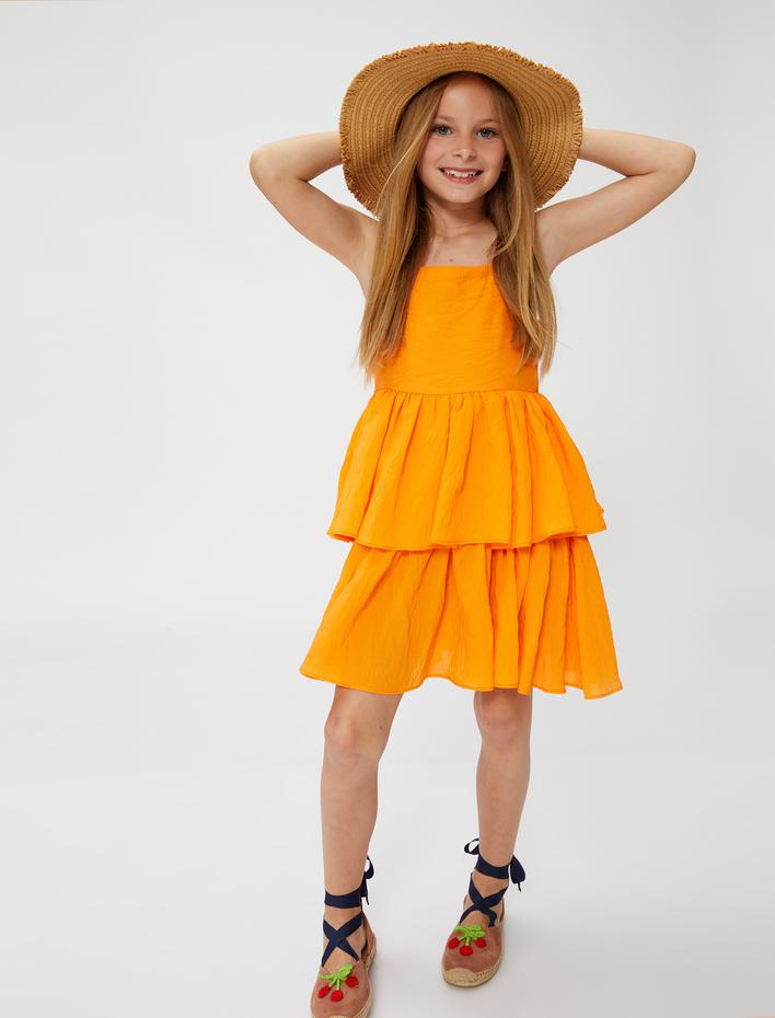 Kız Çocuk Mini Elbise İnce Askılı Katlı Viskon Kumaş