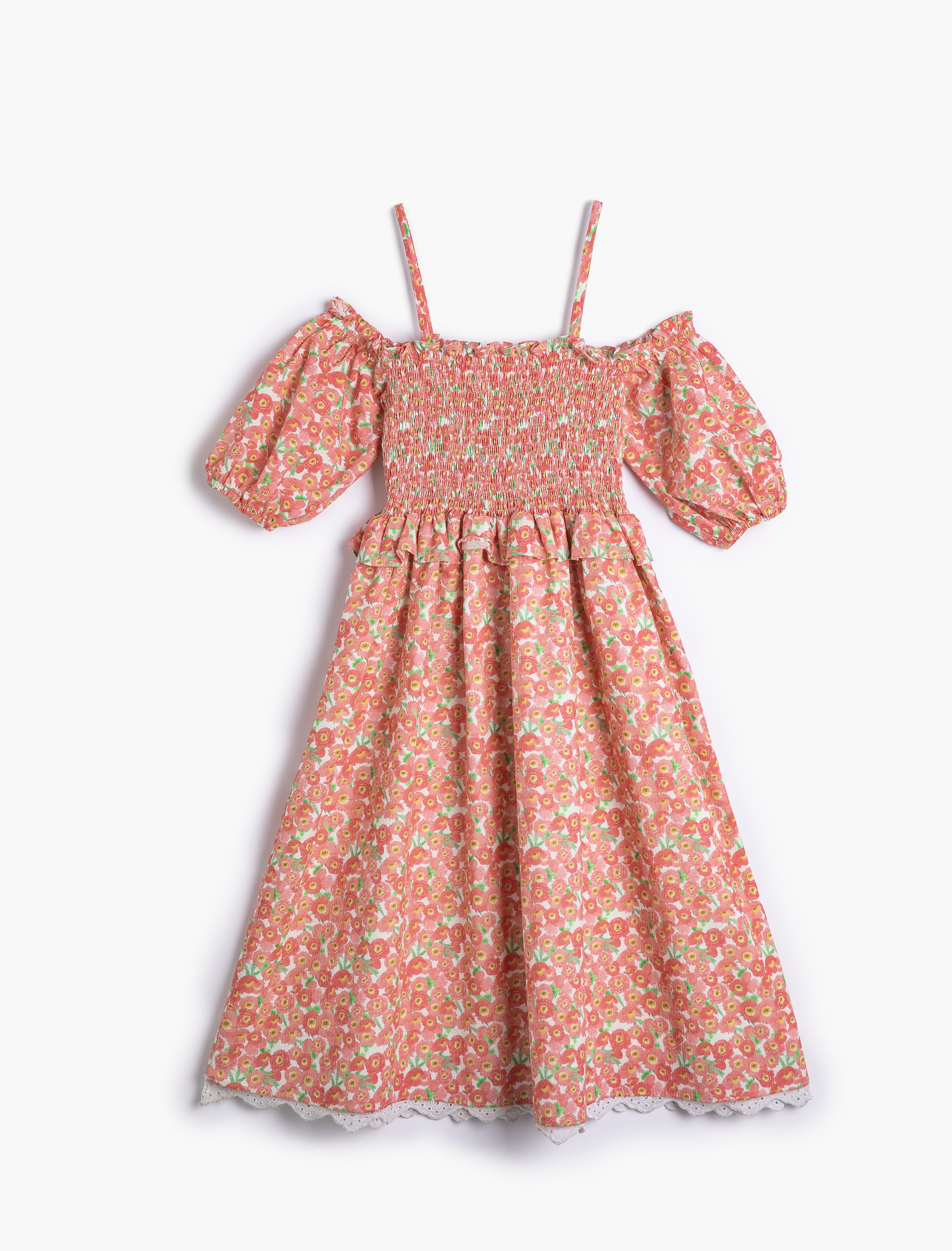  Kız Çocuk Elbise Çiçekli Düşük Omuz Balon Kollu Gipe Detaylı Fırfırlı