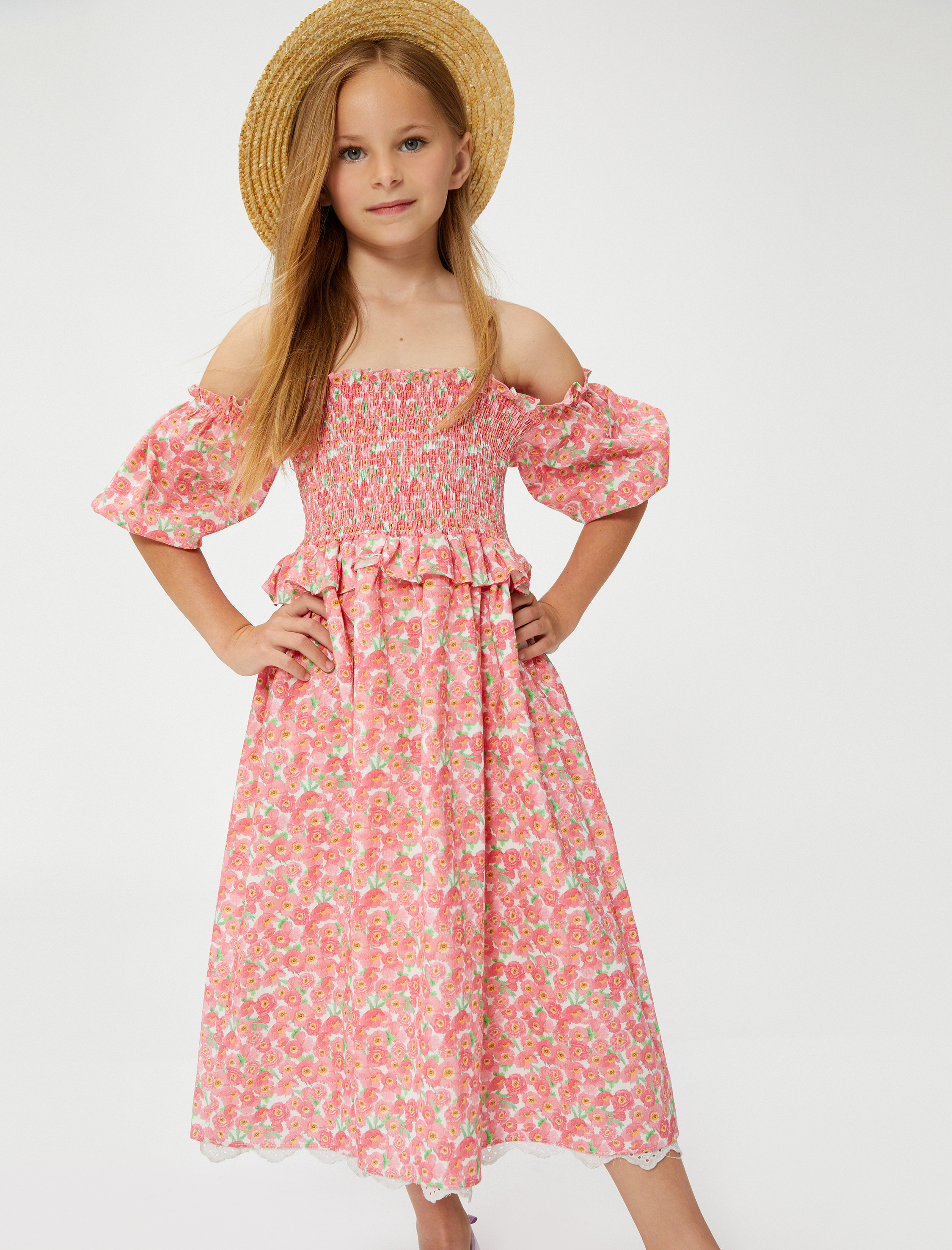  Kız Çocuk Elbise Çiçekli Düşük Omuz Balon Kollu Gipe Detaylı Fırfırlı