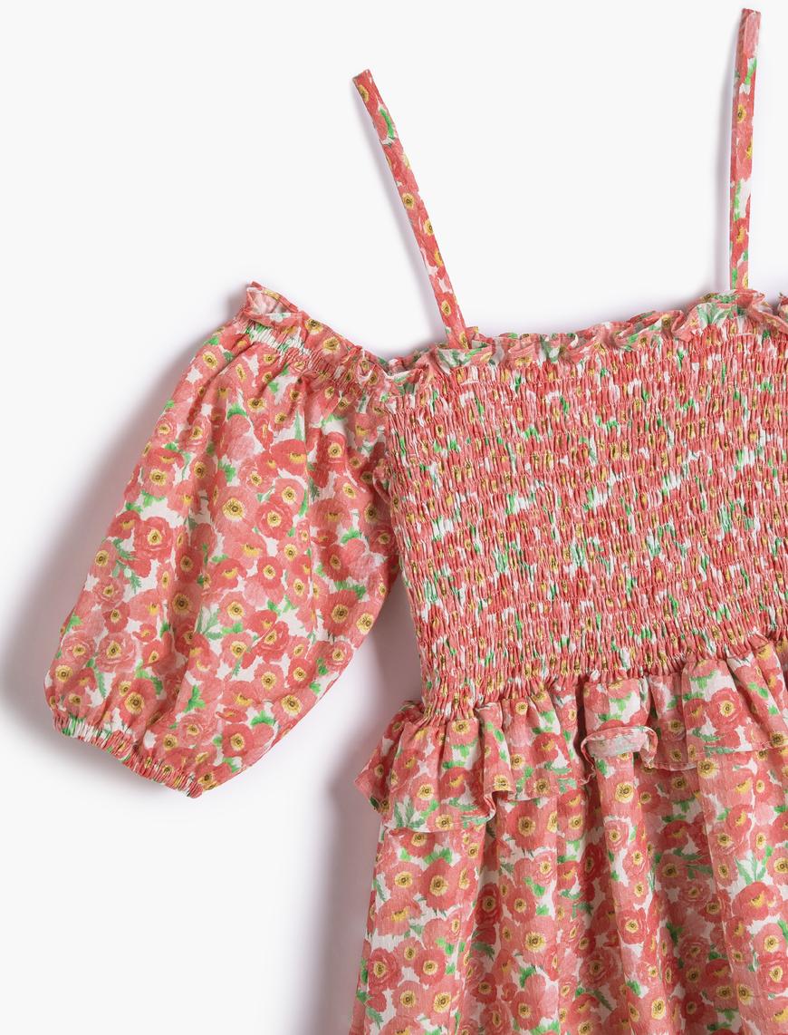  Kız Çocuk Elbise Çiçekli Düşük Omuz Balon Kollu Gipe Detaylı Fırfırlı