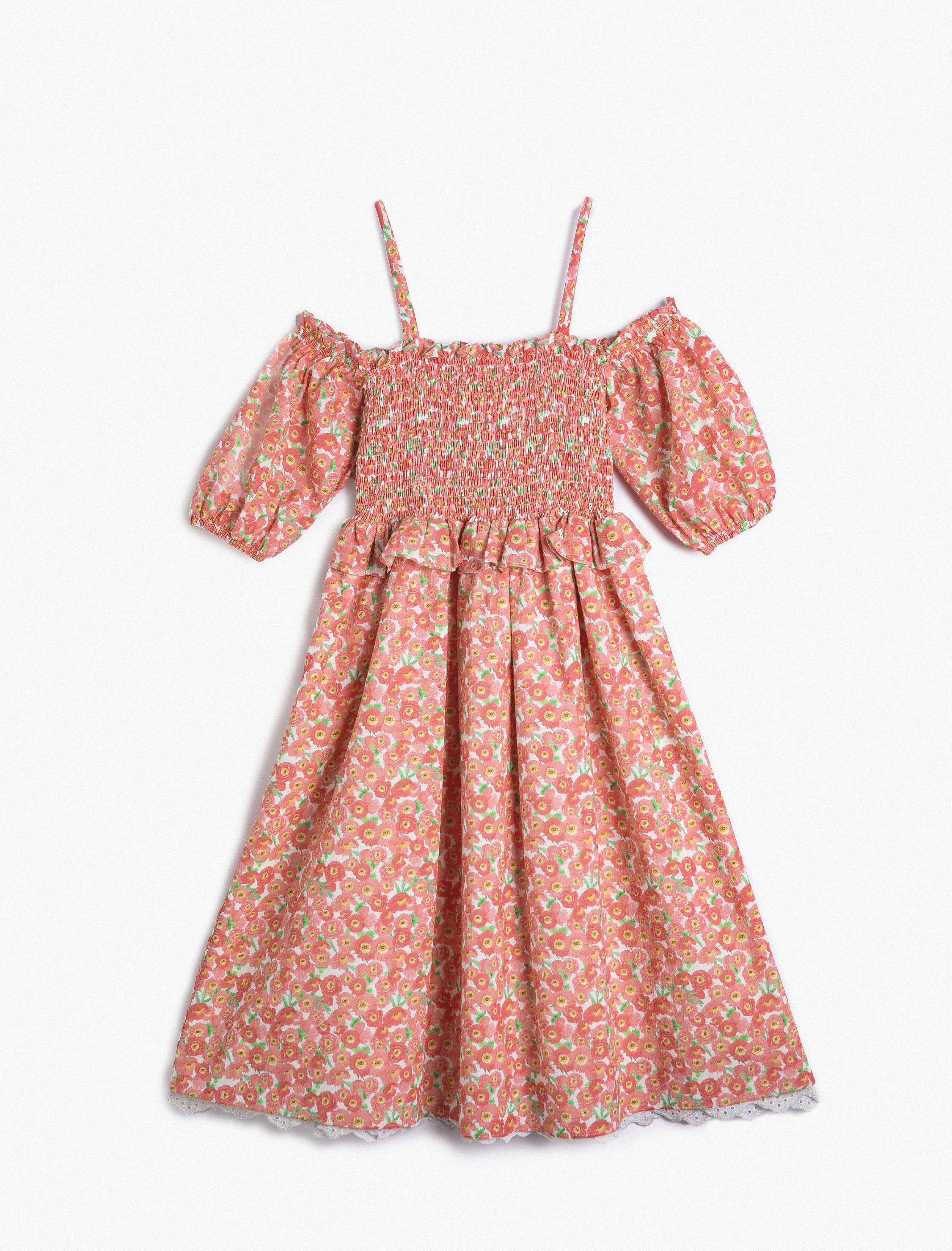  Kız Çocuk Elbise Çiçekli Düşük Omuz Balon Kollu Gipe Detaylı Fırfırlı