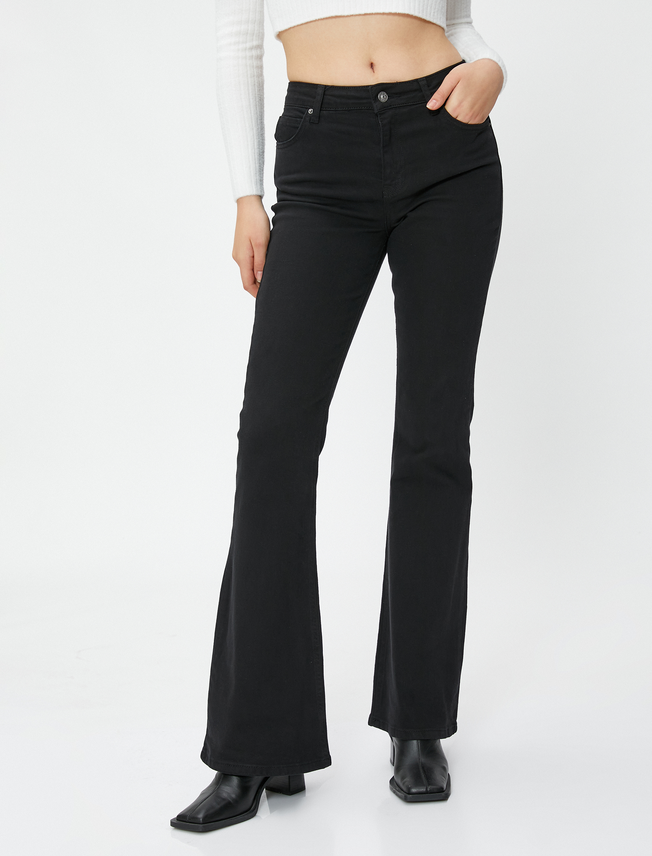   İspanyol Paça Pantolon Gabardin Kumaş Dar Kesim Cep Detaylı Pamuklu