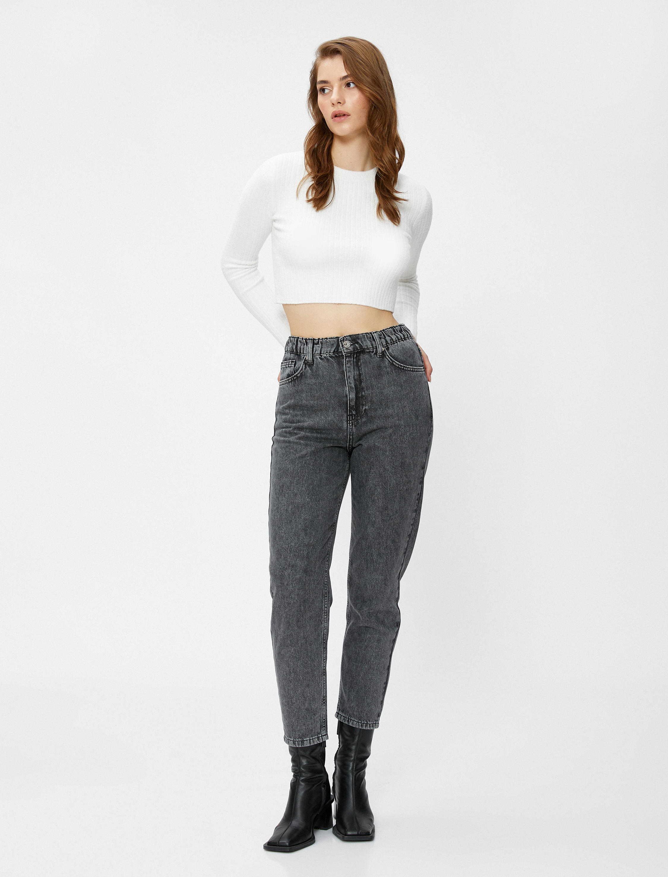   Yüksek Bel Kot Pantolon Hafif Dar Paça - Mom Jeans