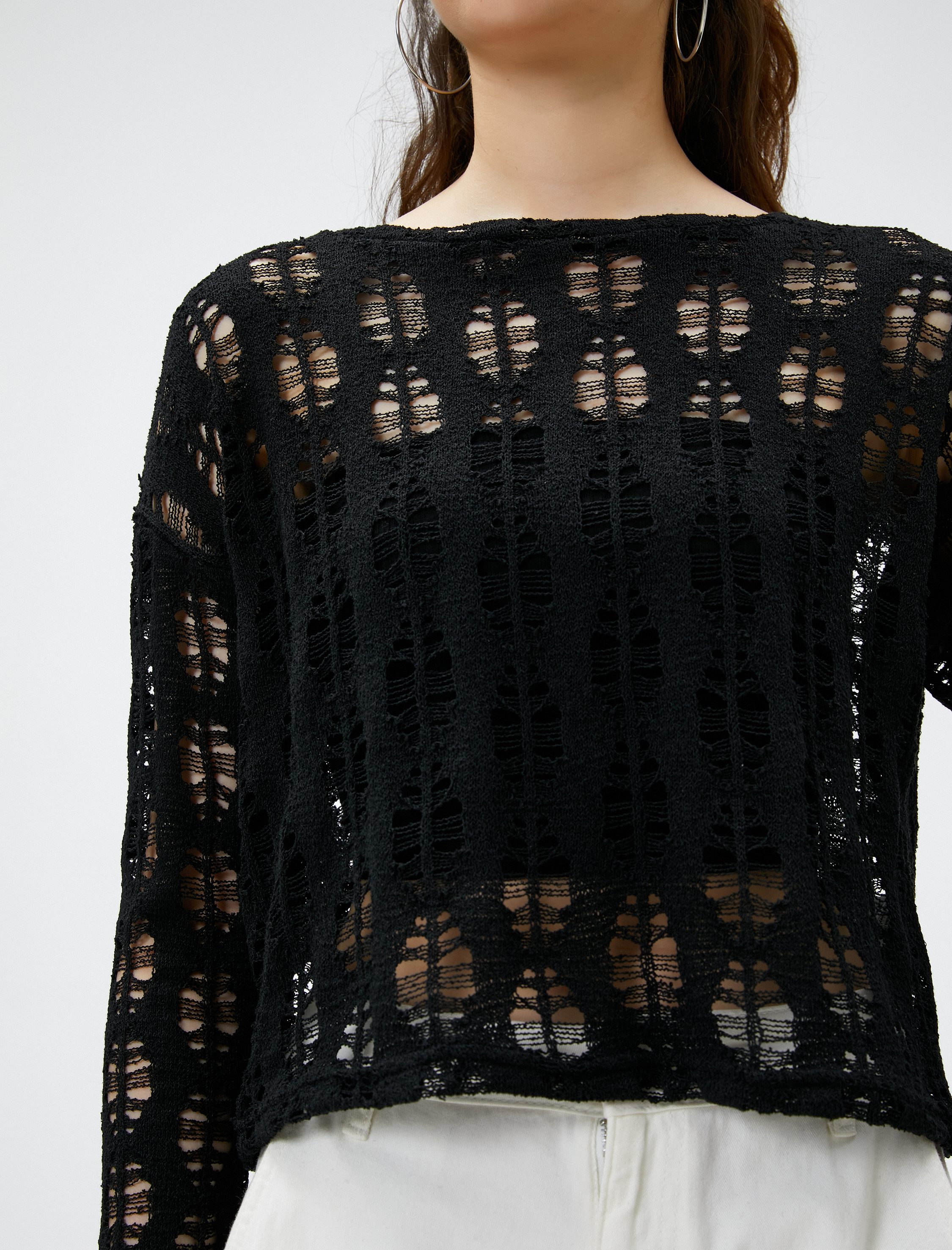   Uzun Kollu Tişört Triko Ajurlu Bisiklet Yaka