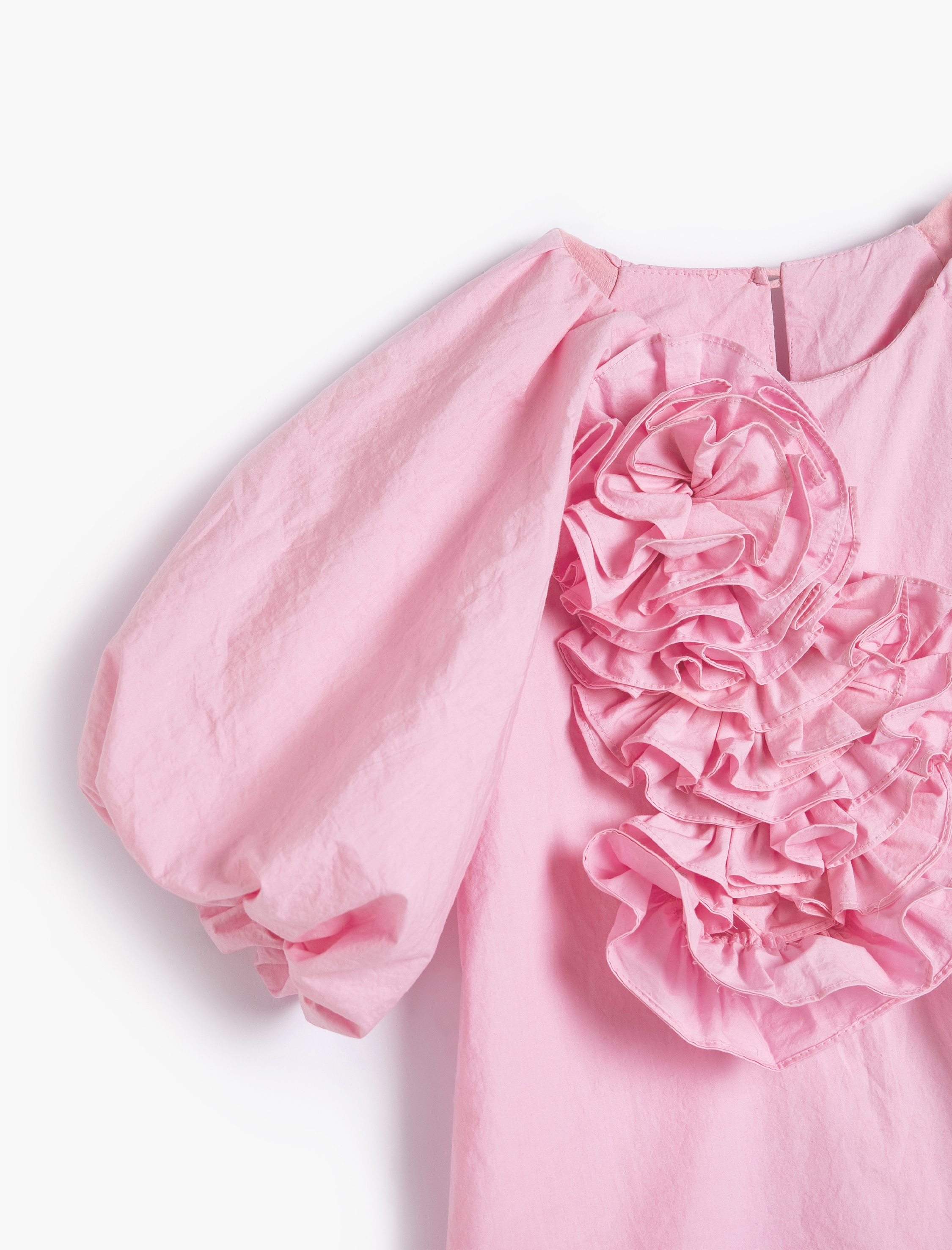  Kız Çocuk Elbise Kısa Balon Kollu, Çiçek Aplike Detaylı Rahat Kesim