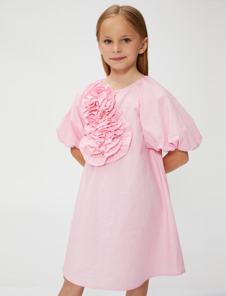  Kız Çocuk Elbise Kısa Balon Kollu, Çiçek Aplike Detaylı Rahat Kesim