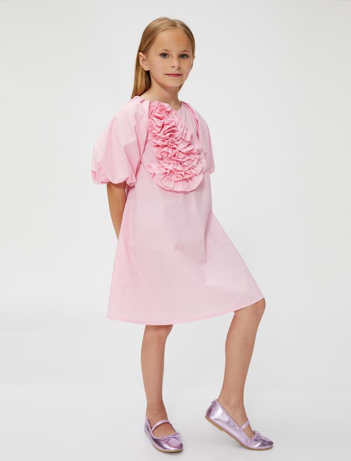 Kız Çocuk Elbise Kısa Balon Kollu, Çiçek Aplike Detaylı Rahat Kesim