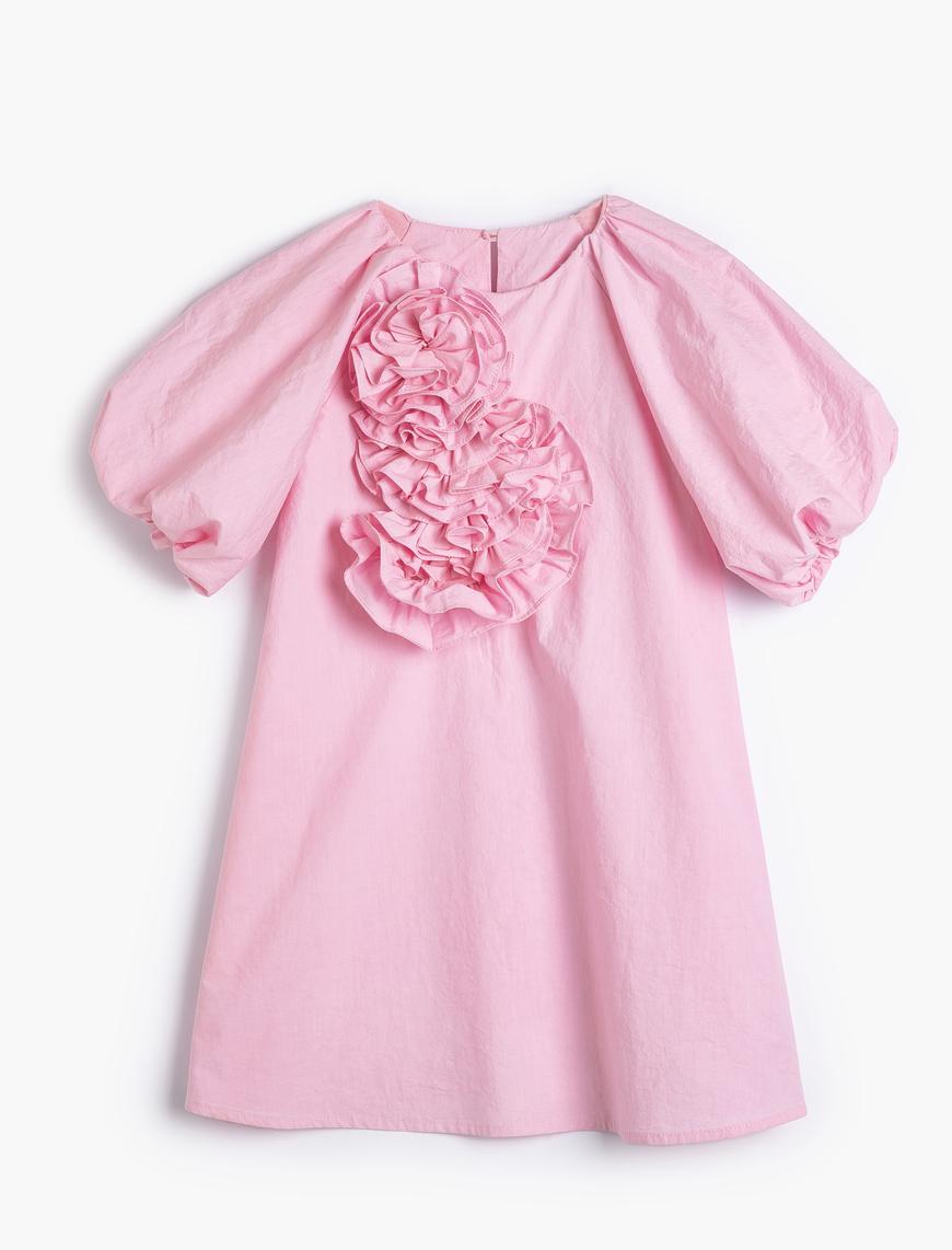  Kız Çocuk Elbise Kısa Balon Kollu, Çiçek Aplike Detaylı Rahat Kesim