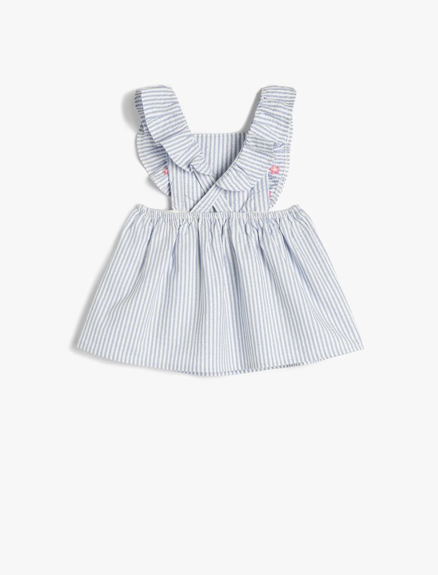  Kız Bebek Salopet Elbise Fırfırlı Çiçek İşleme Detaylı Arkası Çapraz Askılı