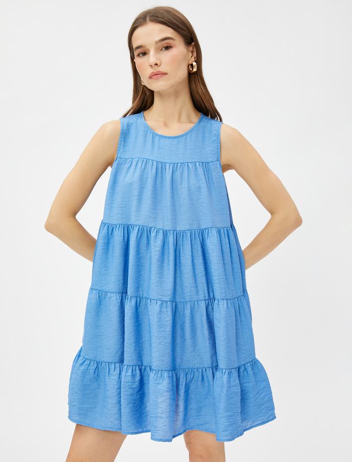  Katlı Mini Elbise Kolsuz Bisiklet Yaka