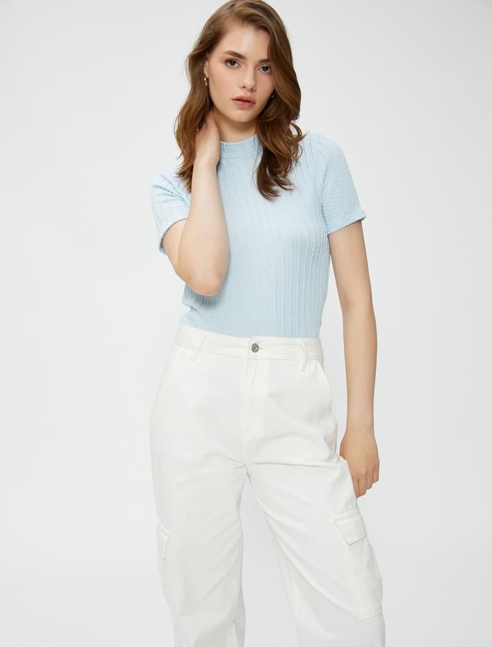  Kısa Kollu Tişört Örgü Motifli Dik Yaka