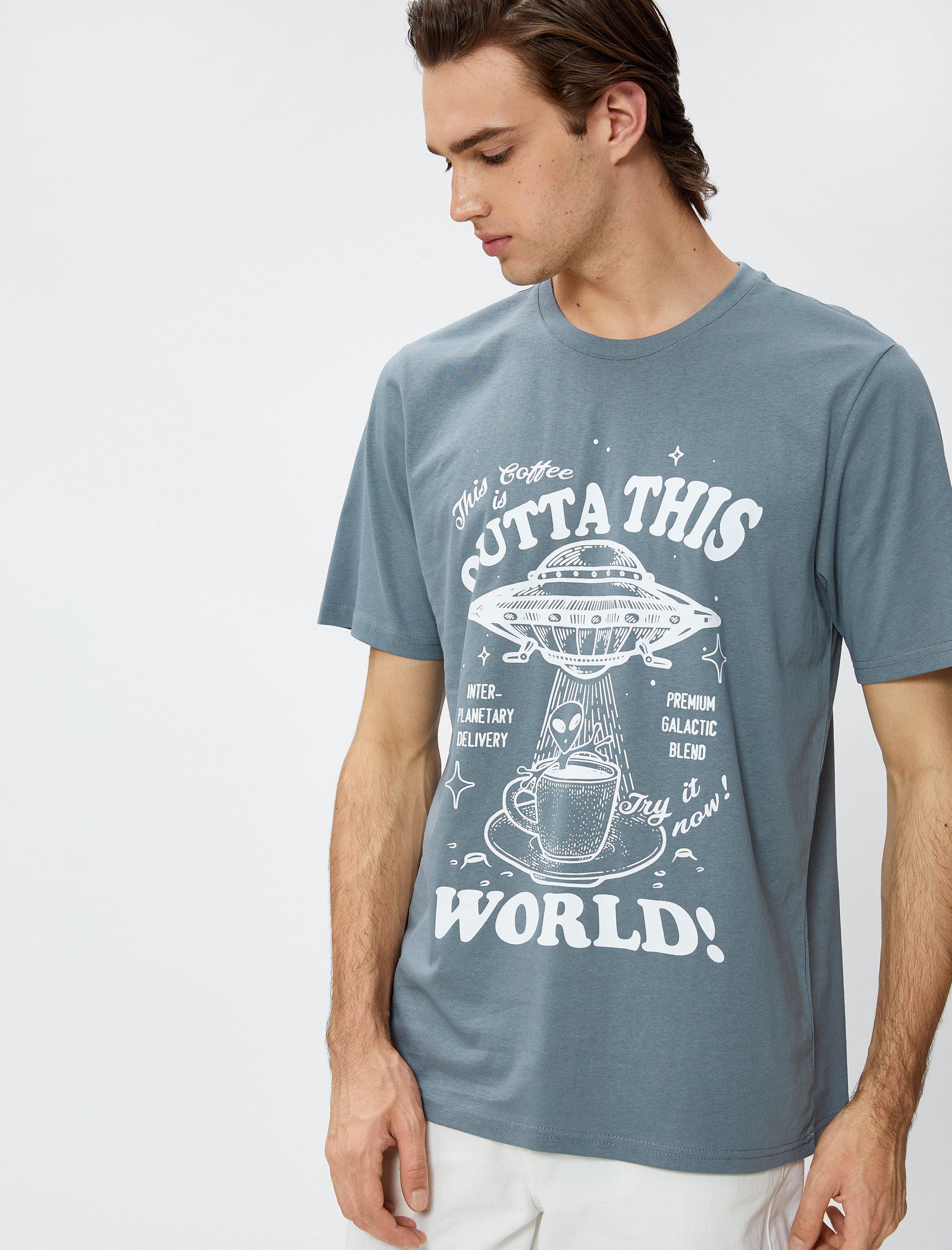   Baskılı Tişört Uzay Temalı Bisiklet Yaka Pamuklu