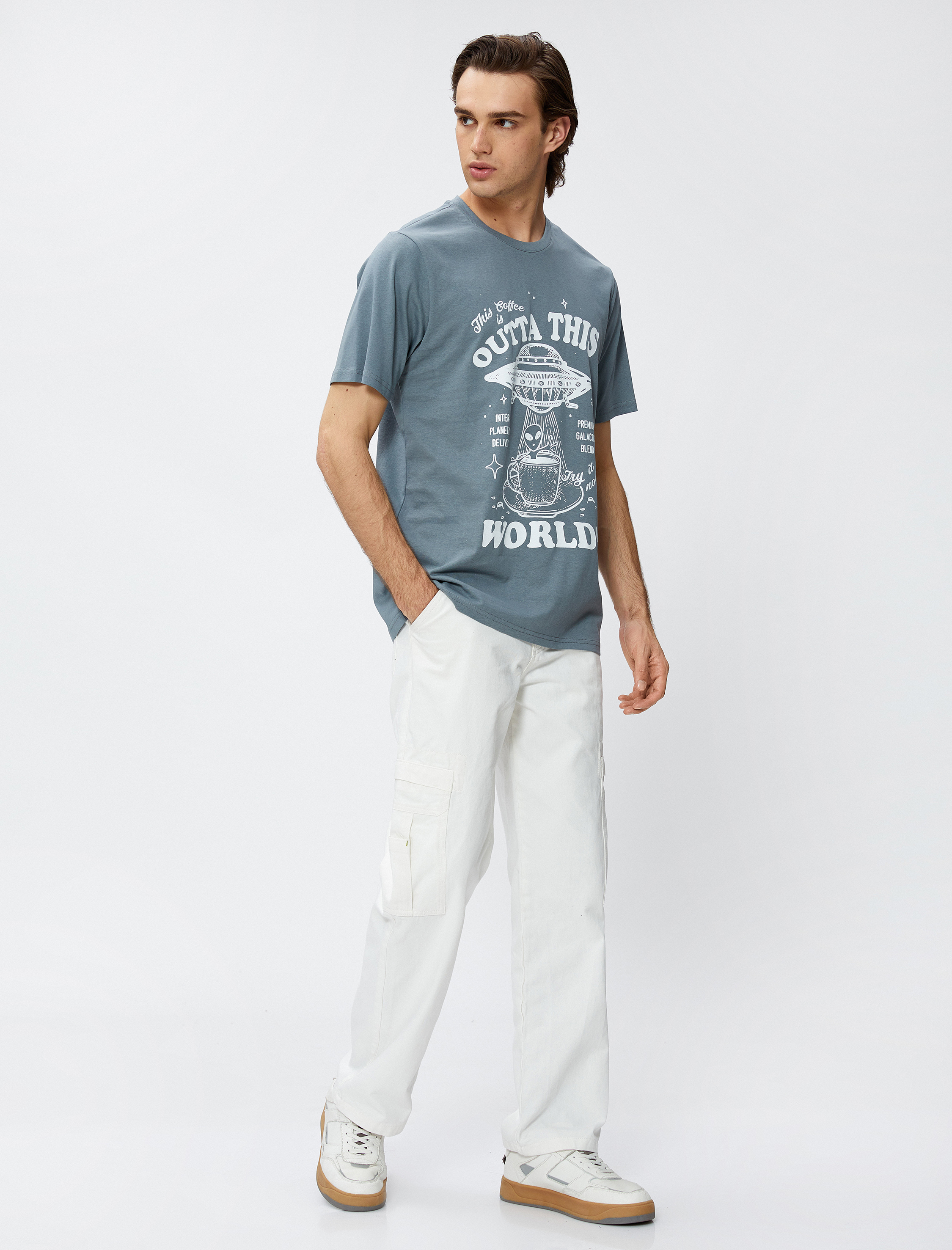   Baskılı Tişört Uzay Temalı Bisiklet Yaka Pamuklu