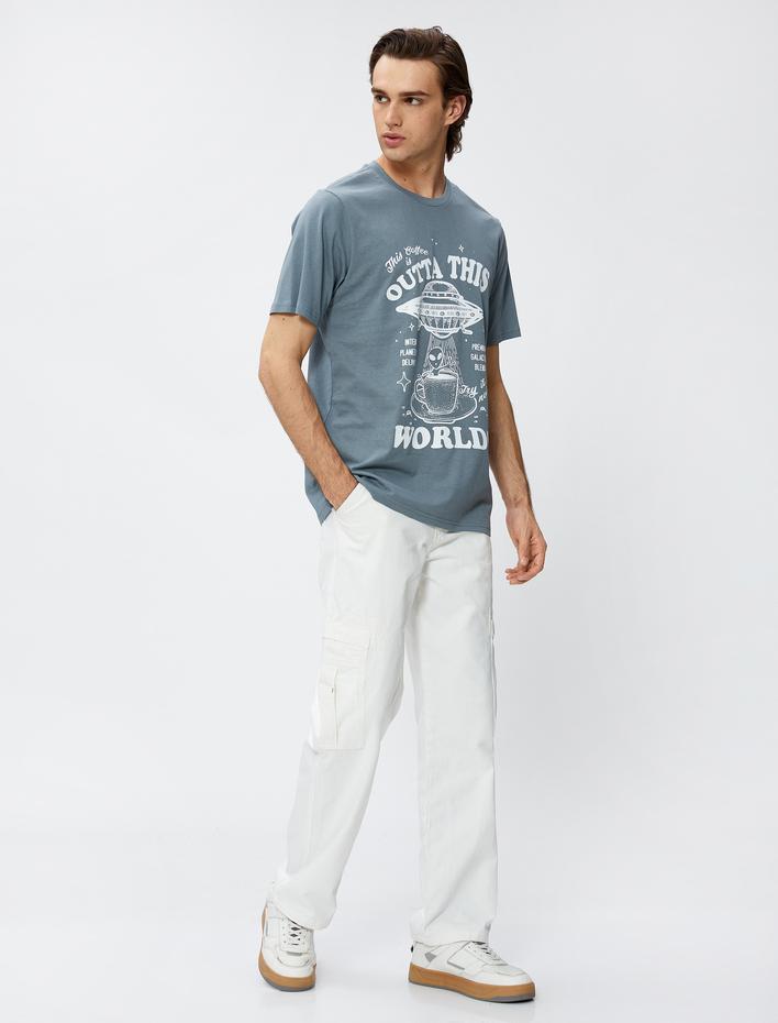  Baskılı Tişört Uzay Temalı Bisiklet Yaka Pamuklu