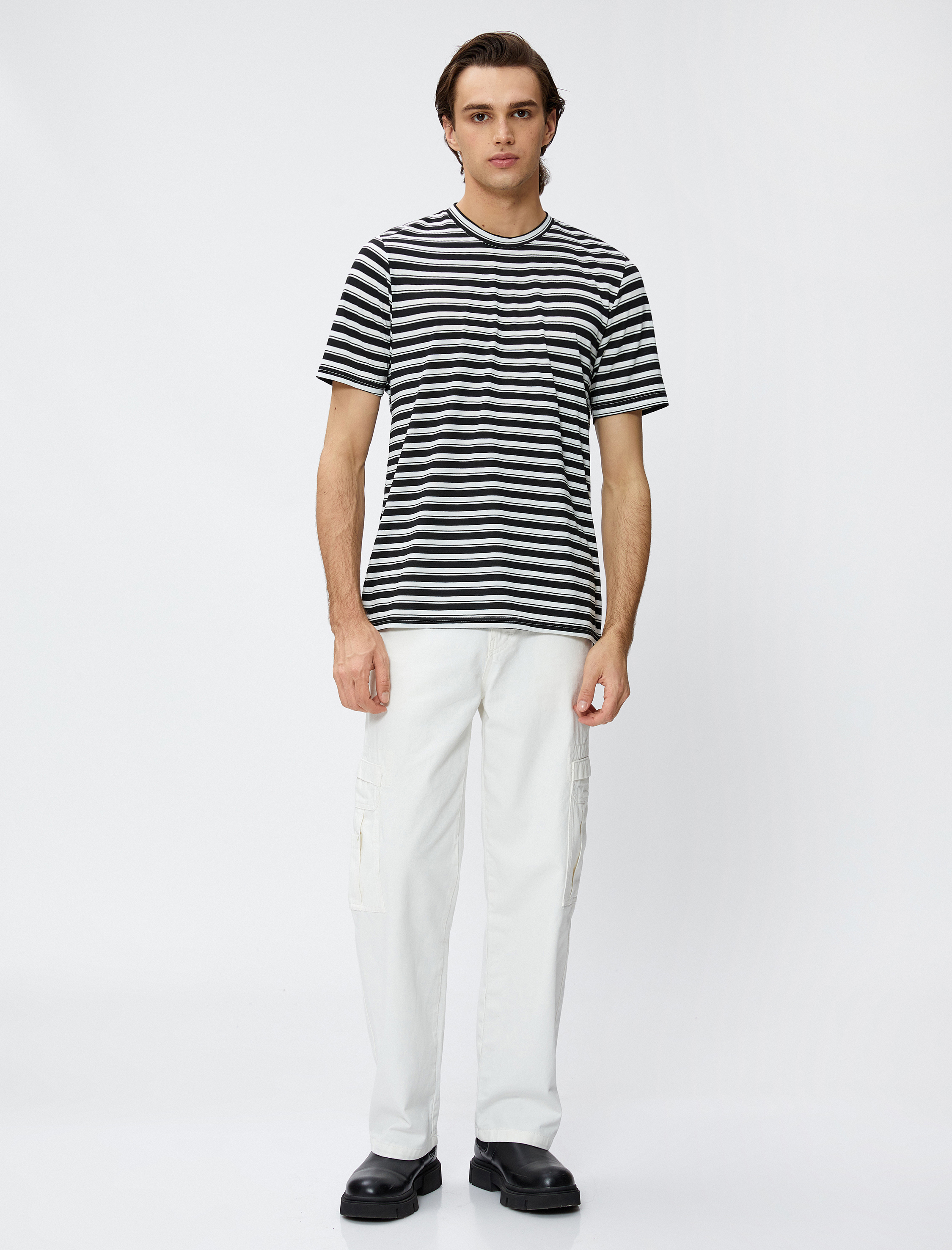   Basic Çizgili Tişört Bisiklet Yaka Kısa Kollu Viskon Karışımlı