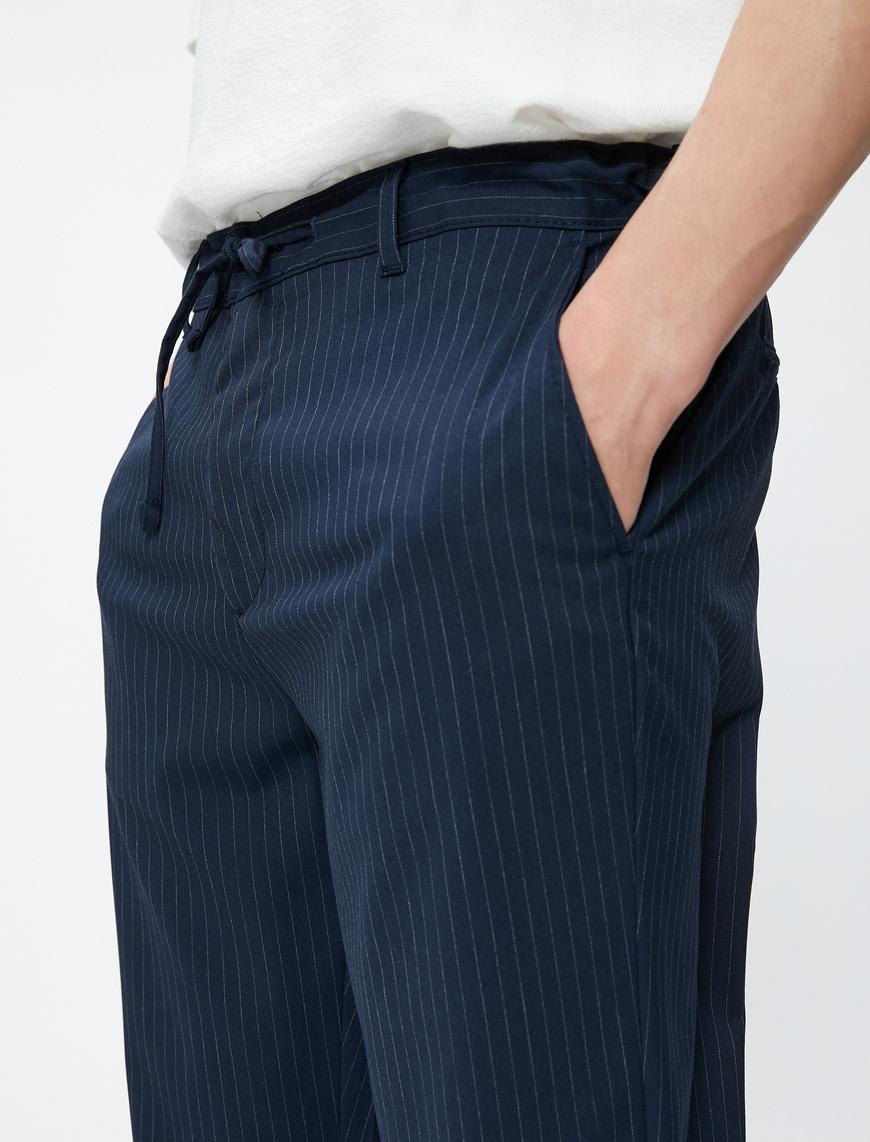   Kumaş Pantolon Slim Fit Beli Bağcıklı Cepli Viskon Karışımlı