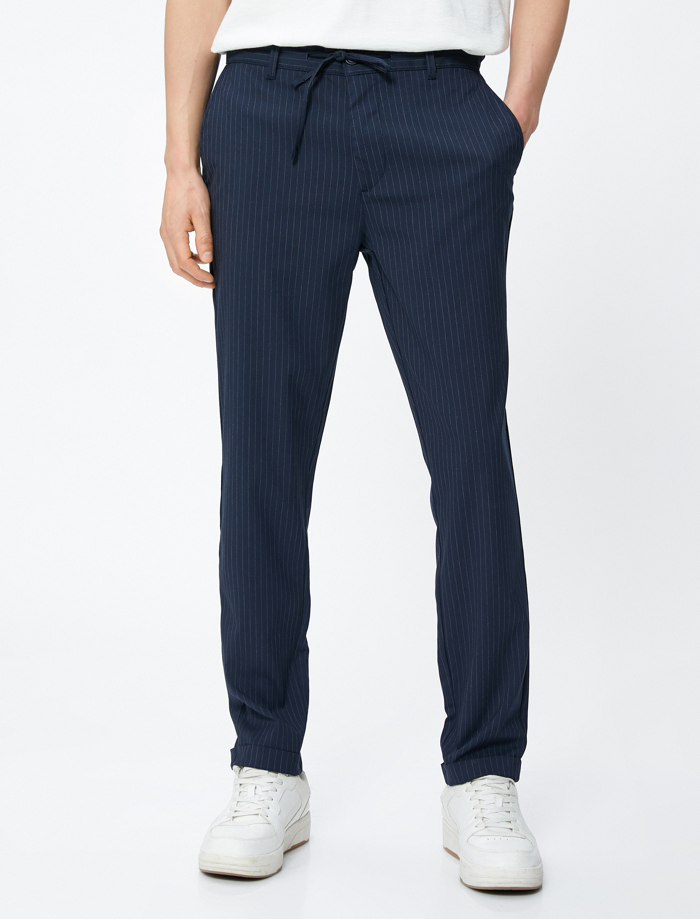   Kumaş Pantolon Slim Fit Beli Bağcıklı Cepli Viskon Karışımlı