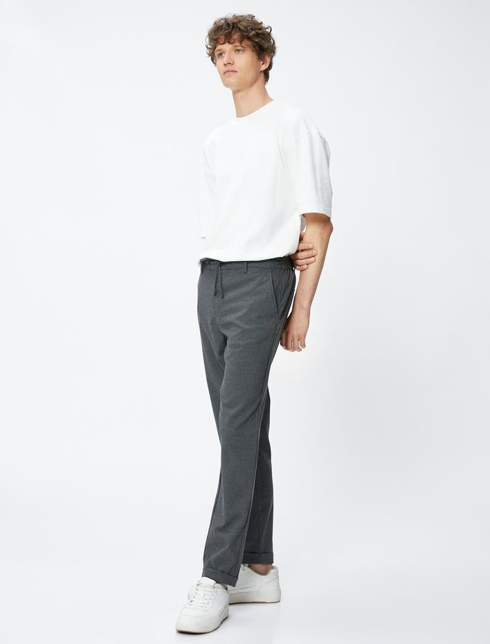  Beli Bağcıklı Pantolon Slim Fit Cep Detaylı Viskon Karışımlı