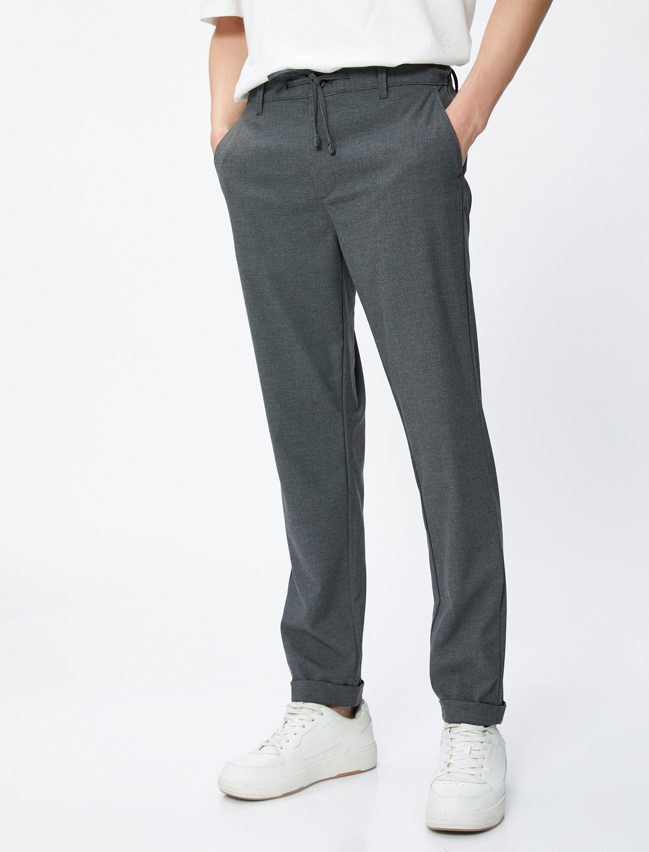   Beli Bağcıklı Pantolon Slim Fit Cep Detaylı Viskon Karışımlı