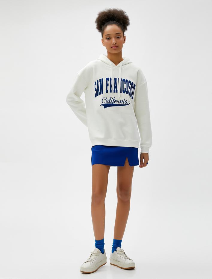  Şardonlu Oversize Kapüşonlu Sweatshirt Nakışlı Kolej Baskılı Uzun Kollu