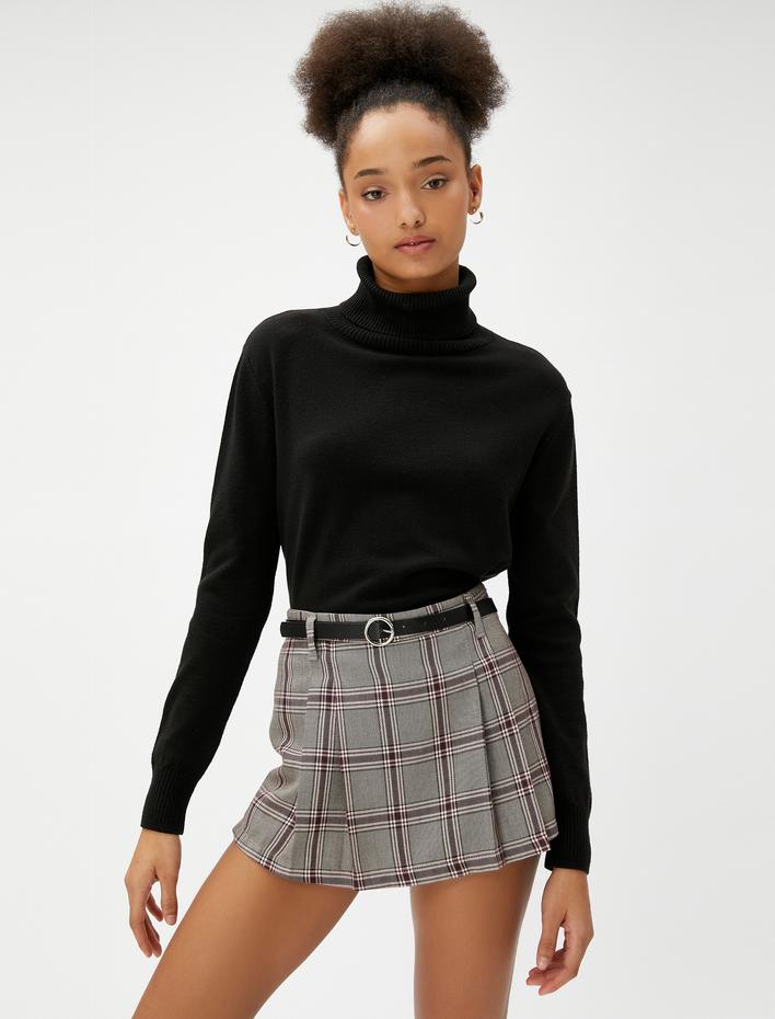  Pileli Etek Mini Kemer Detaylı Kareli