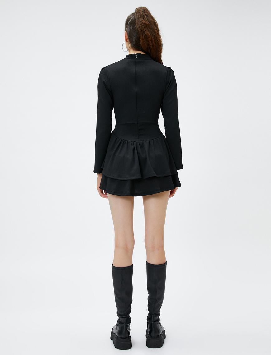   Mini Elbise Uzun Kollu Katlı Dik  Yaka Dokulu