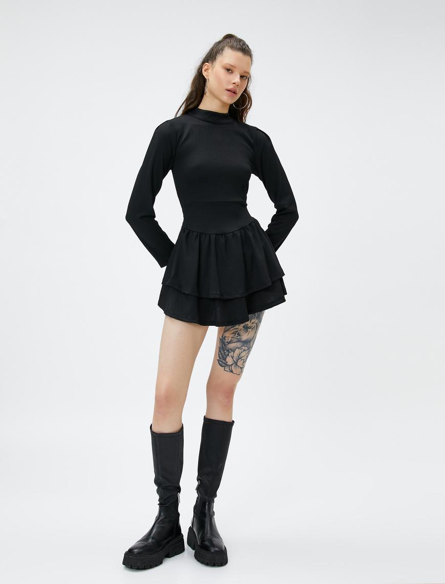   Mini Elbise Uzun Kollu Katlı Dik  Yaka Dokulu