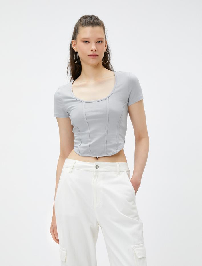  Crop Tişört Pamuklu Yuvarlak Yaka Nervürlü Kısa Kollu