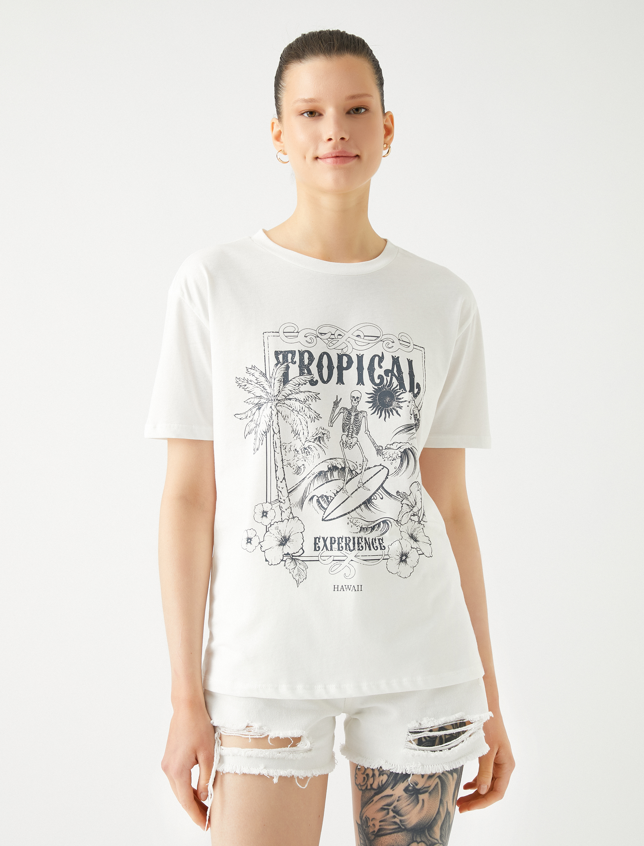   Baskılı Tişört Bisiklet Yaka Kısa Kollu Pamuklu