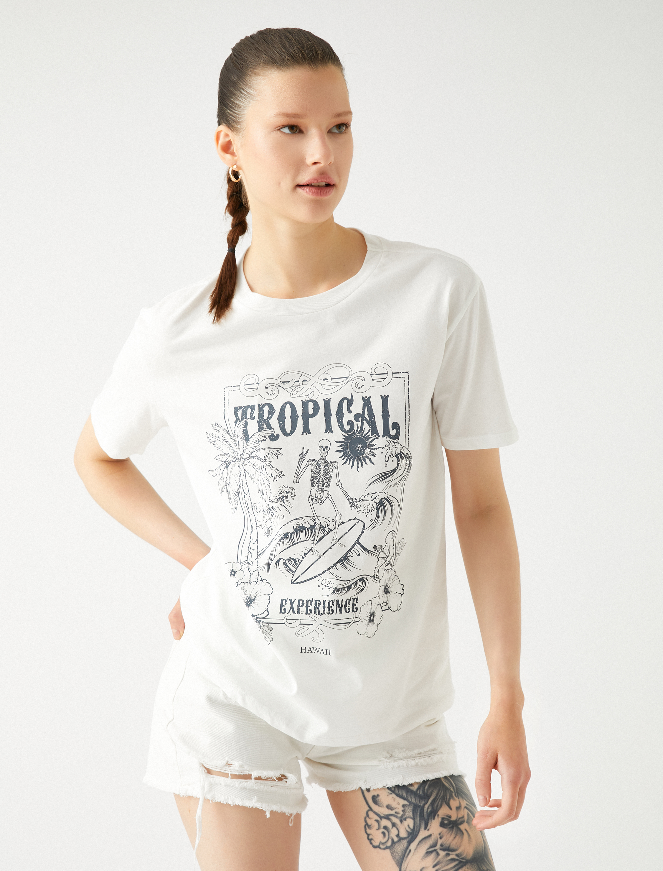   Baskılı Tişört Bisiklet Yaka Kısa Kollu Pamuklu