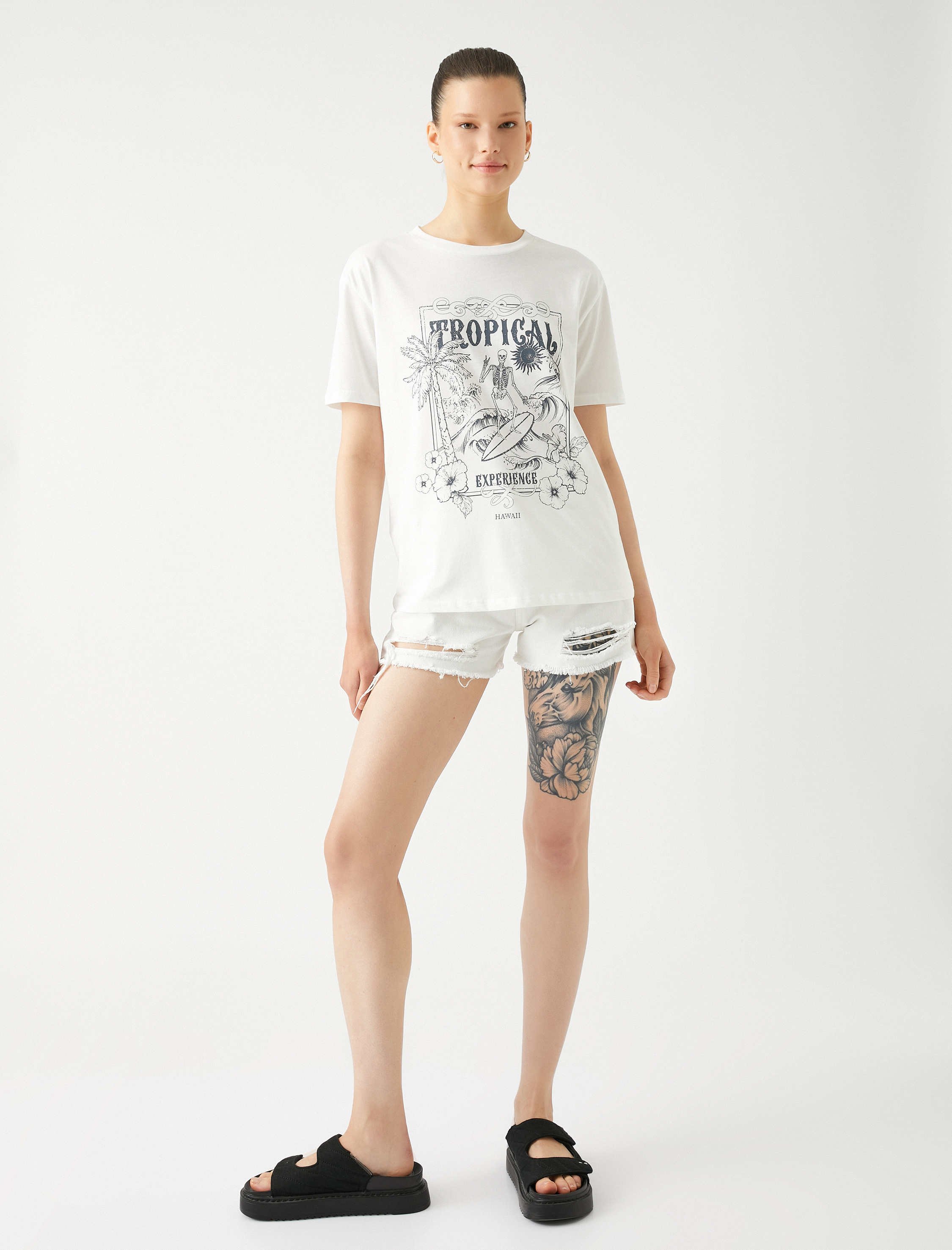   Baskılı Tişört Bisiklet Yaka Kısa Kollu Pamuklu