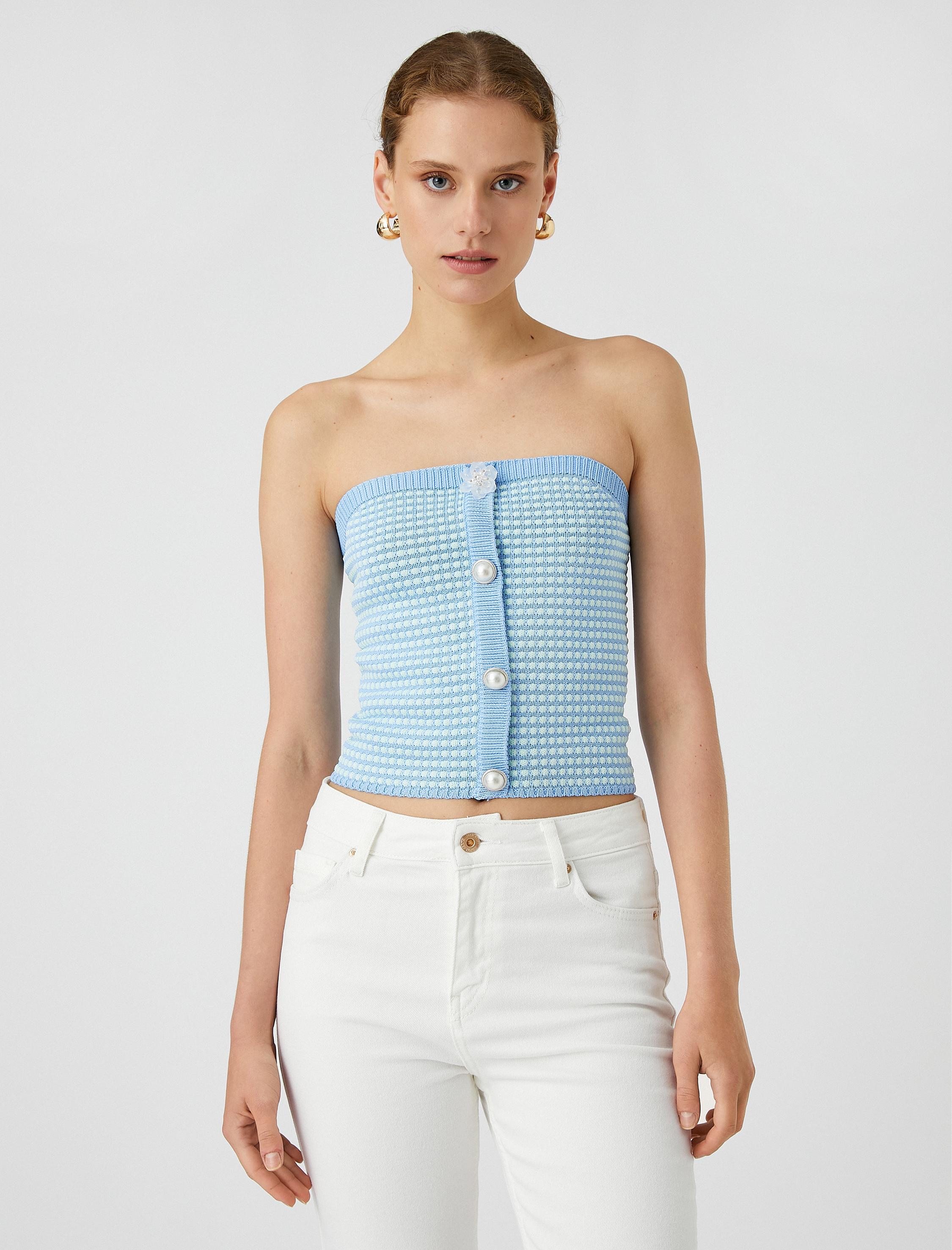 Melis Ağazat X Koton - Düğmeli Straplez Triko Crop Top