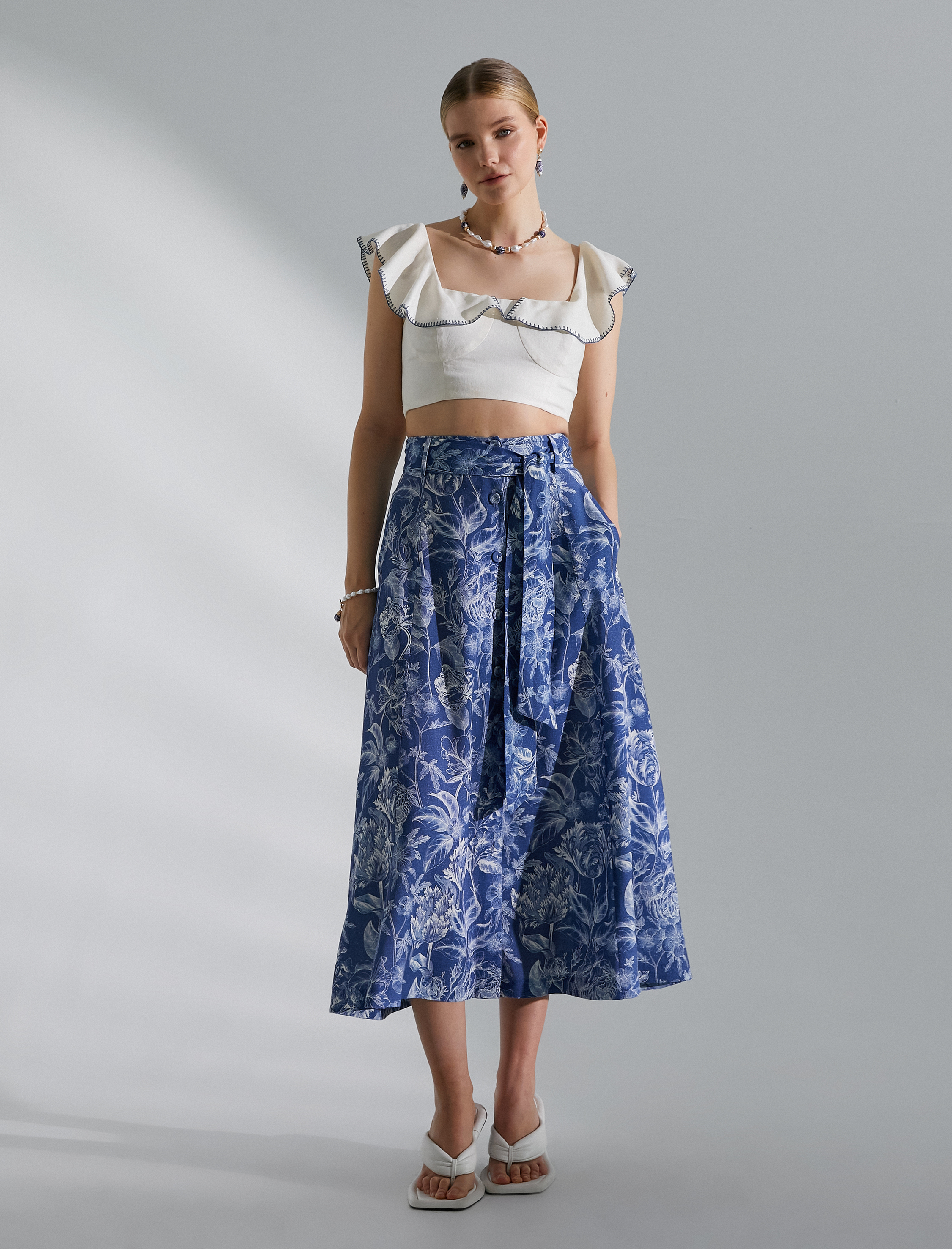   Melis Ağazat X Koton - Çiçekli Keten Karışımlı Midi Etek