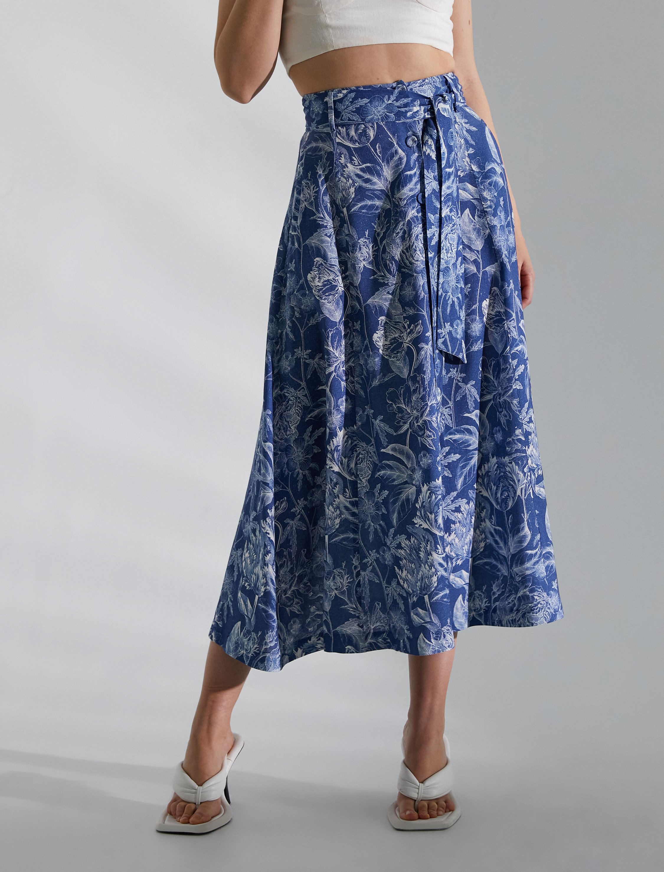   Melis Ağazat X Koton - Çiçekli Keten Karışımlı Midi Etek