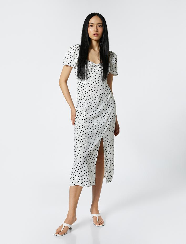  Puantiyeli Elbise Midi Boy Viskon Yırtmaçlı Kare Yaka