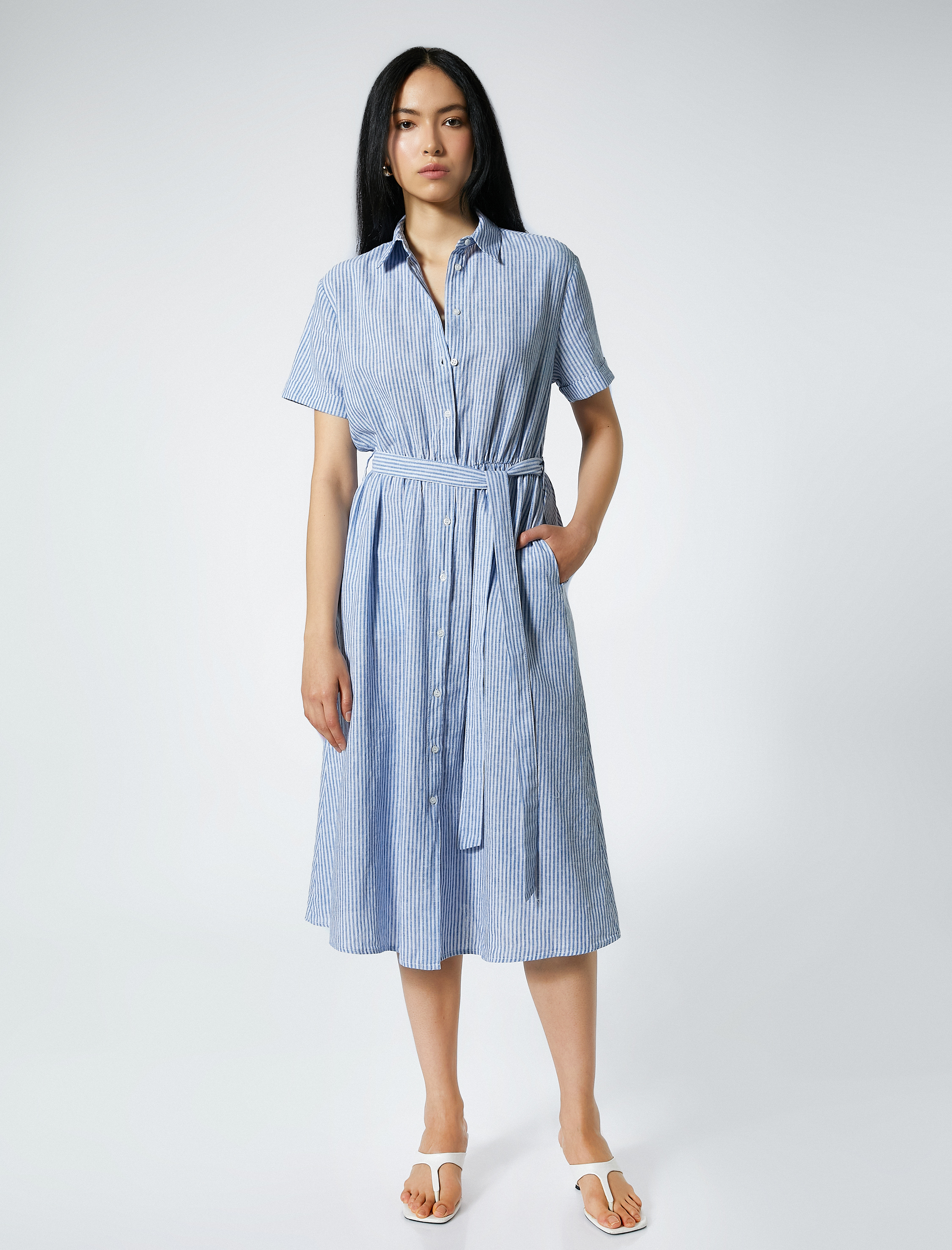   Midi Gömlek Elbise Keten Karışımlı Kemerli