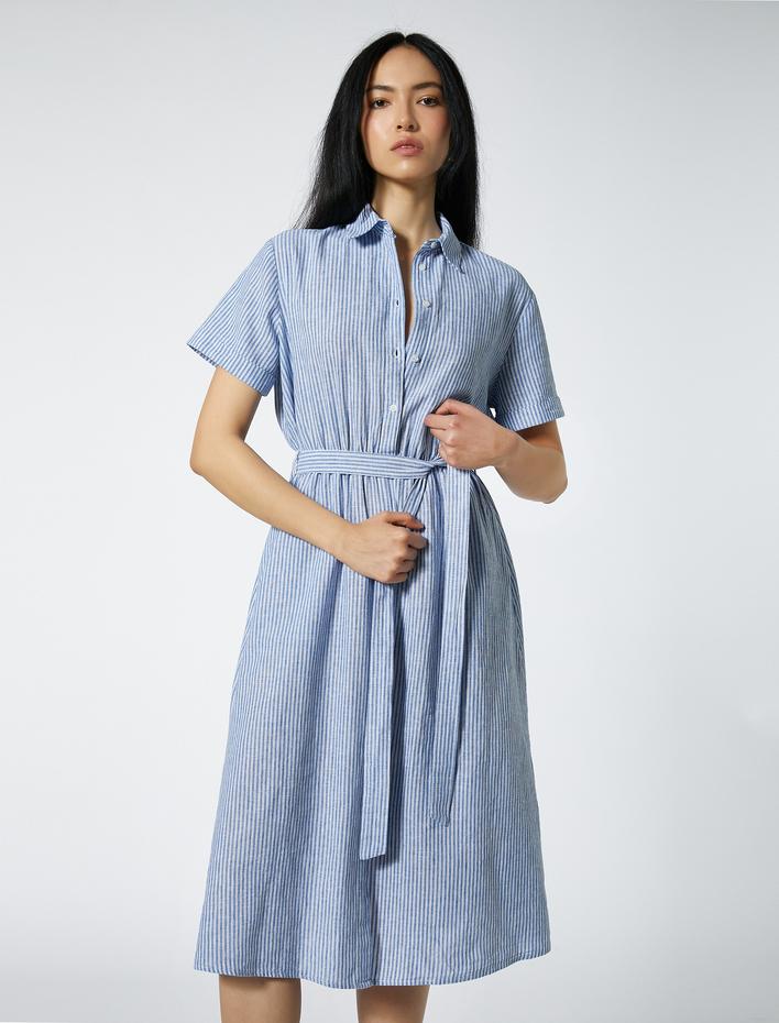  Midi Gömlek Elbise Keten Karışımlı Kemerli