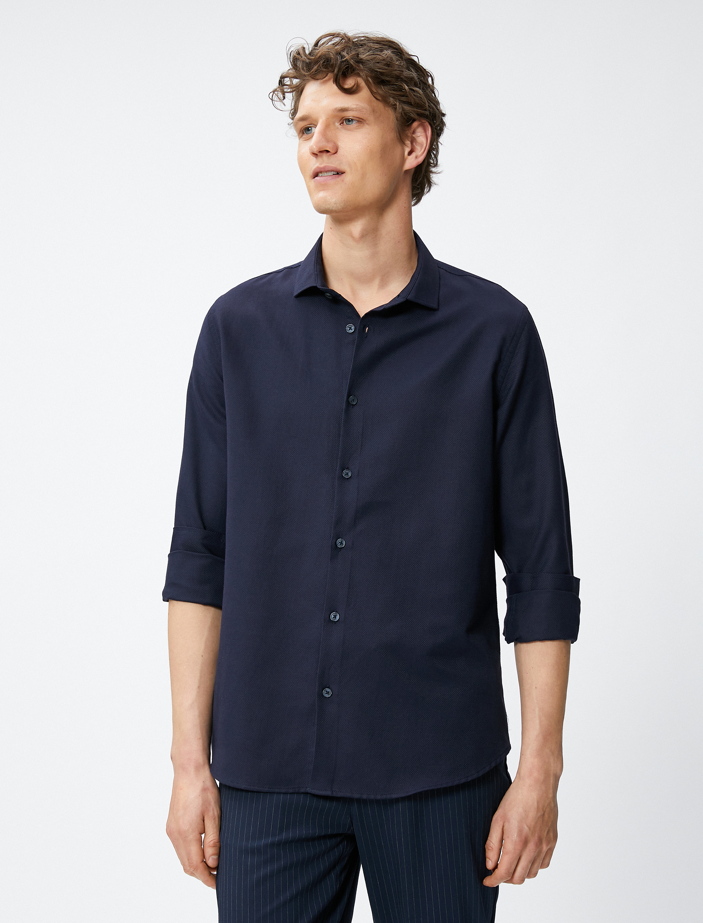   Basic Gömlek Yarım İtalyan Yaka Düğmeli Uzun Kollu Non Iron