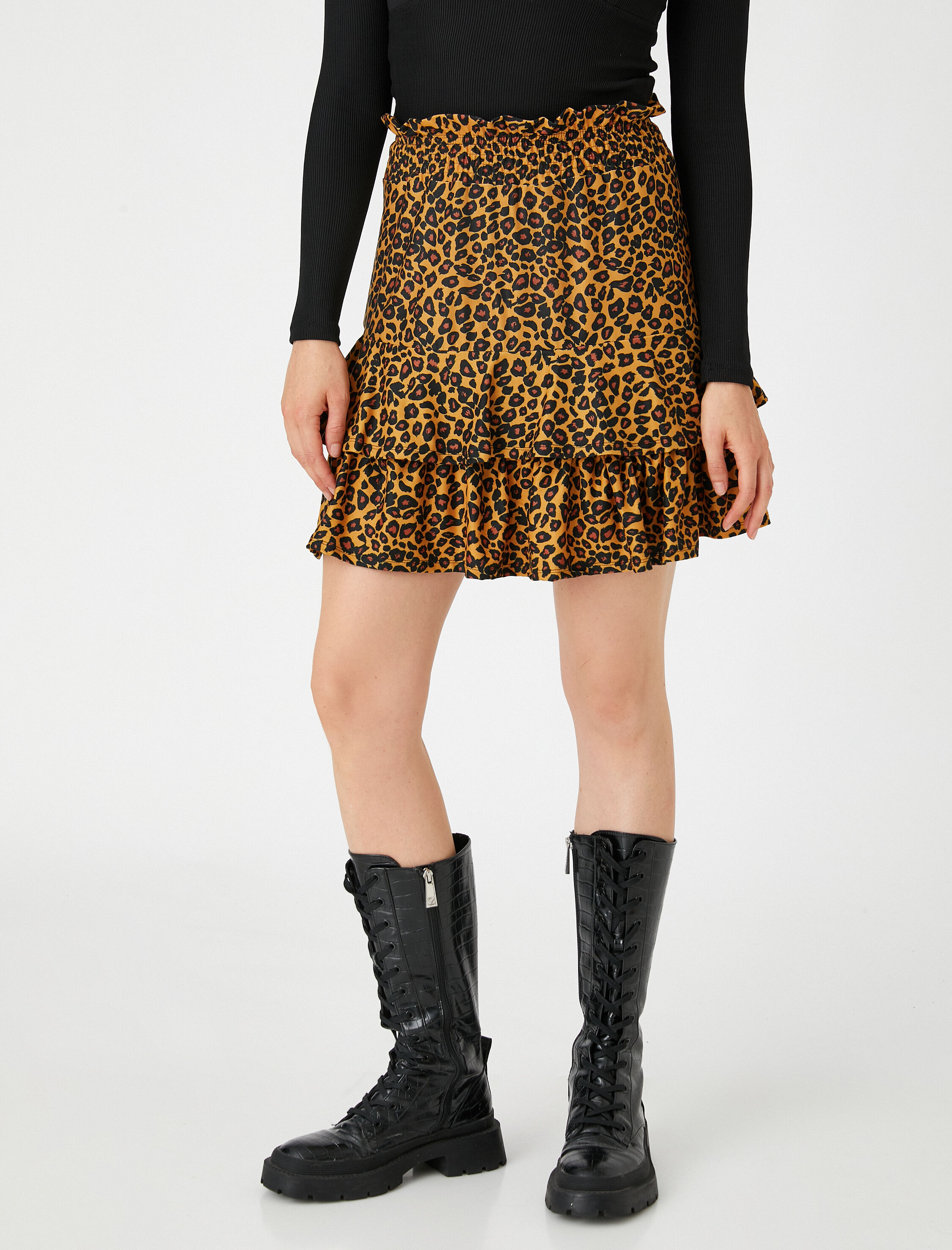   Leopar Desenli Volanlı Etek Beli Lastikli