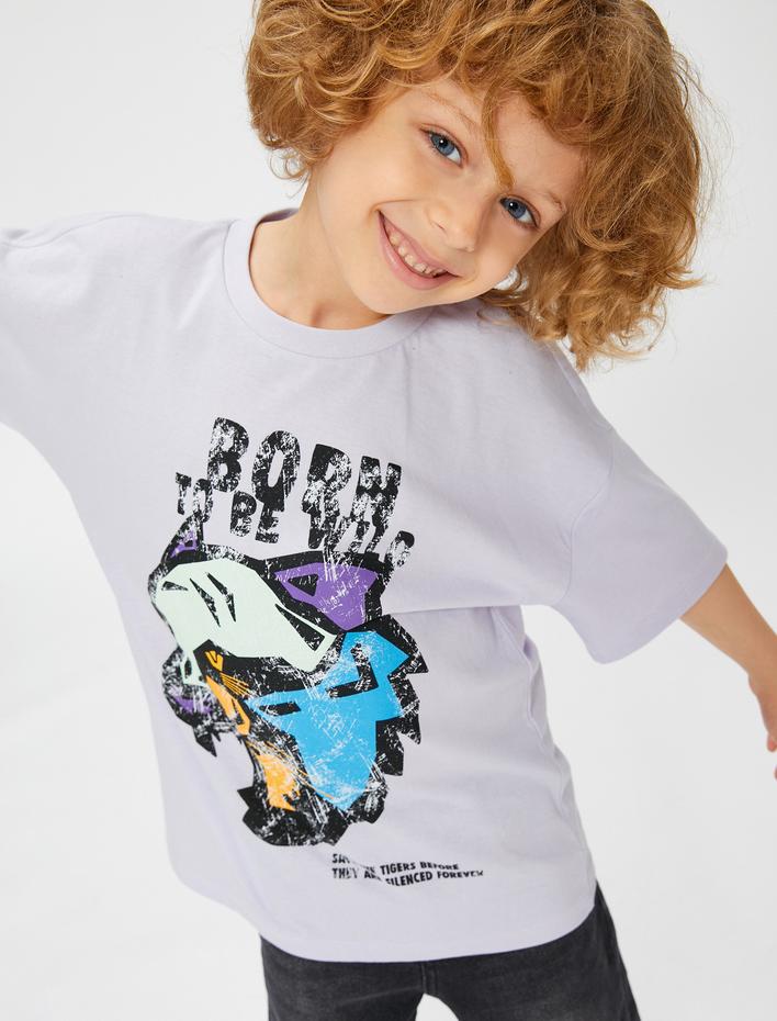 Erkek Çocuk Tişört Kaplan Baskılı Kısa Kollu Bisiklet Yaka