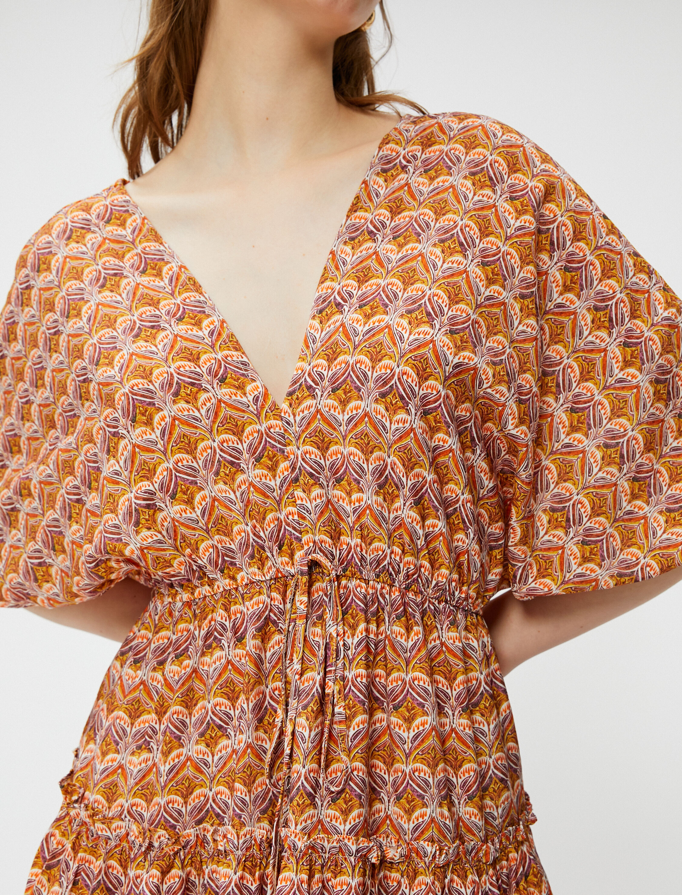   Etnik Baskılı Katlı Mini Elbise V Yaka