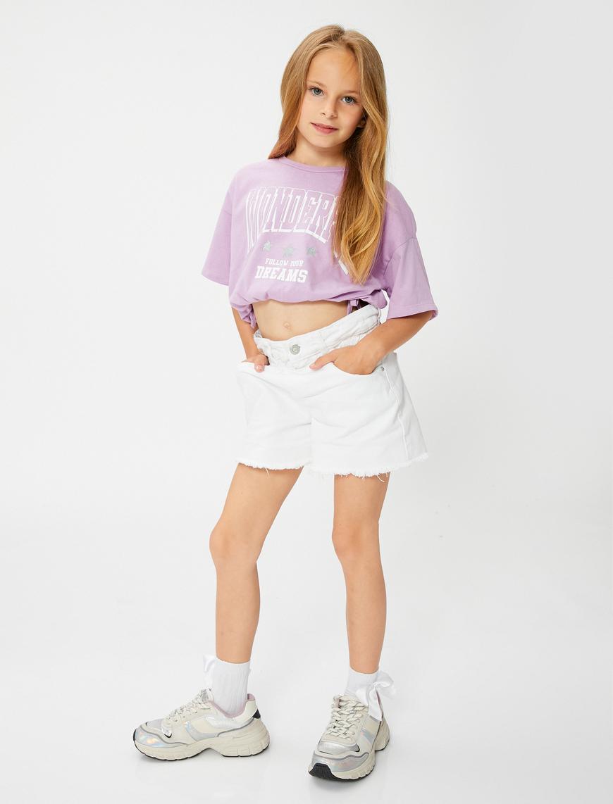  Kız Çocuk Crop Oversize Tişört Kısa Kollu Beli Elastic Pamuklu