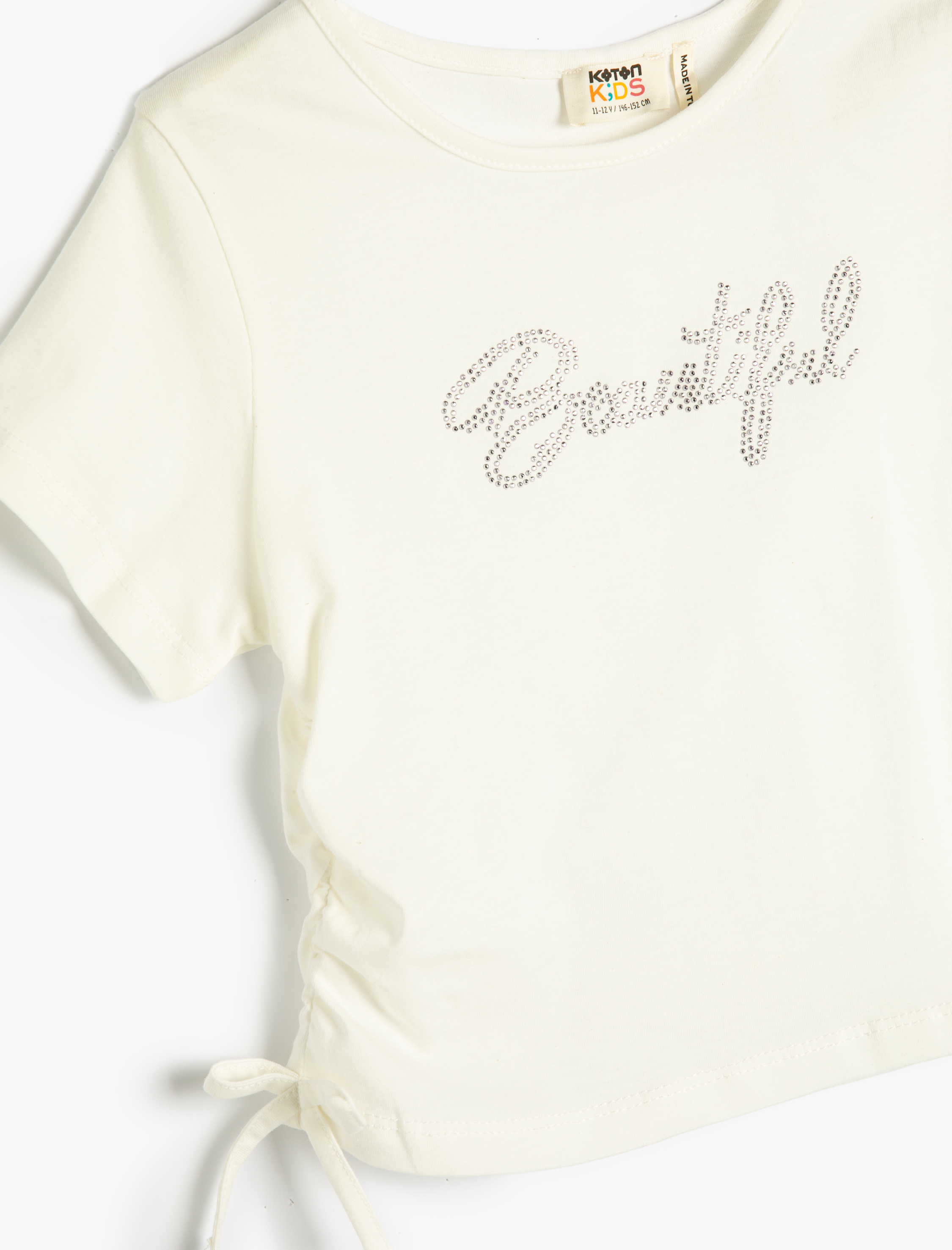  Kız Çocuk Tişört Pamuklu Kısa Kollu Yanları Bağlamalı İşleme Detaylı Yuvarlak Yaka