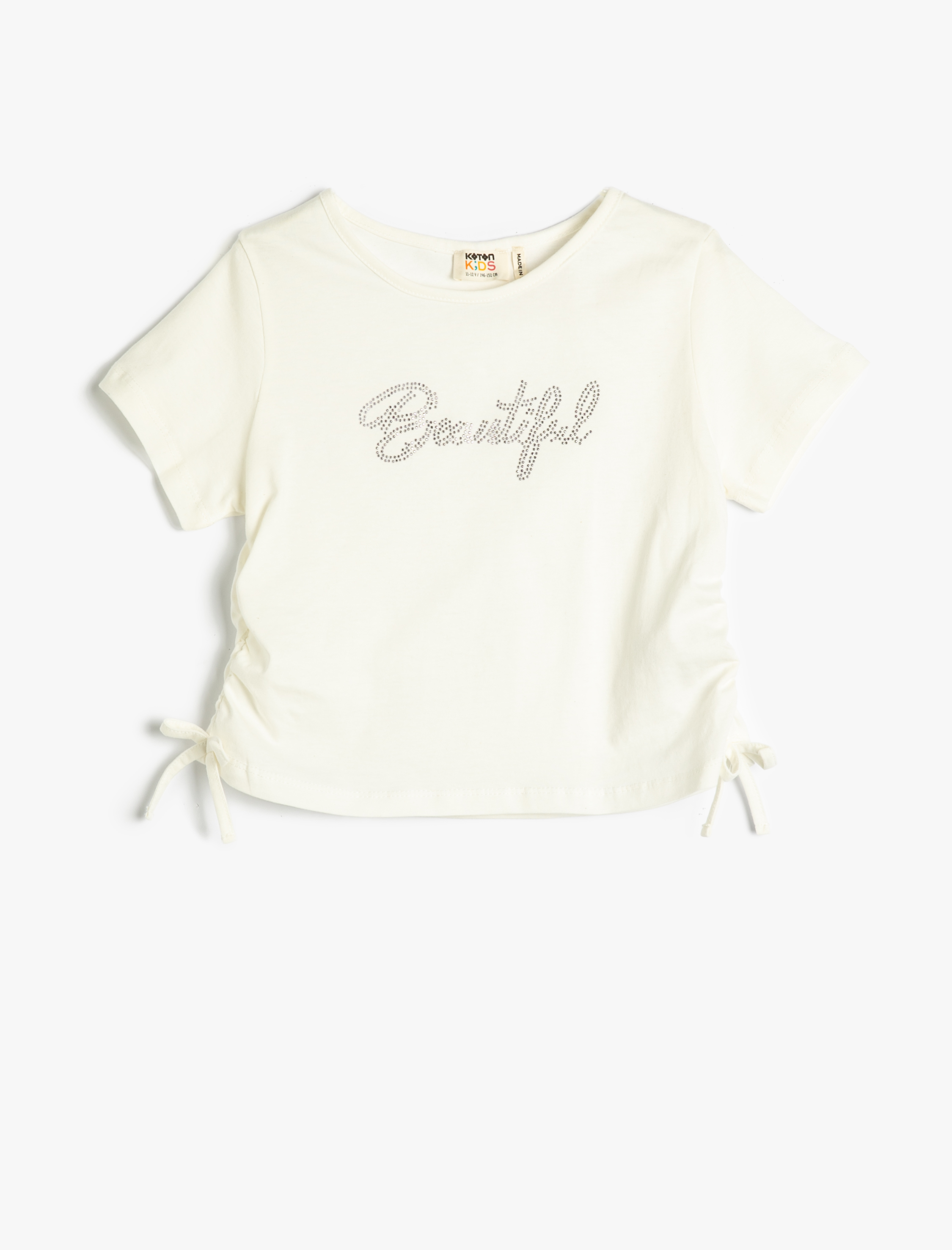  Kız Çocuk Tişört Pamuklu Kısa Kollu Yanları Bağlamalı İşleme Detaylı Yuvarlak Yaka