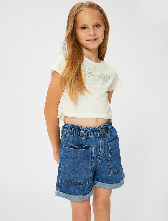 Kız Çocuk Tişört Pamuklu Kısa Kollu Yanları Bağlamalı İşleme Detaylı Yuvarlak Yaka