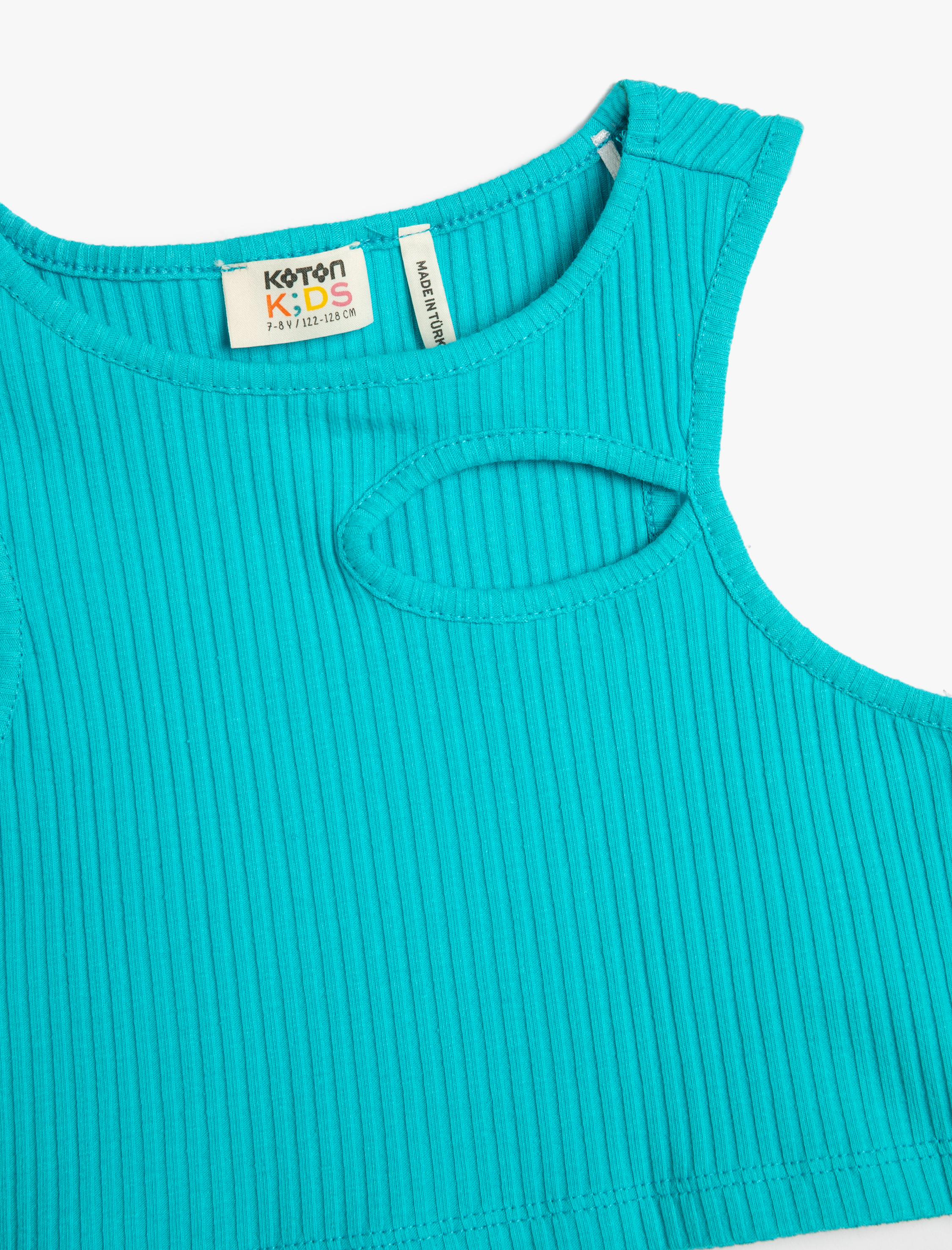  Kız Çocuk Crop Üst Pencere Detaylı Kolsuz Yuvarlak Yaka Ribanalı Pamuklu