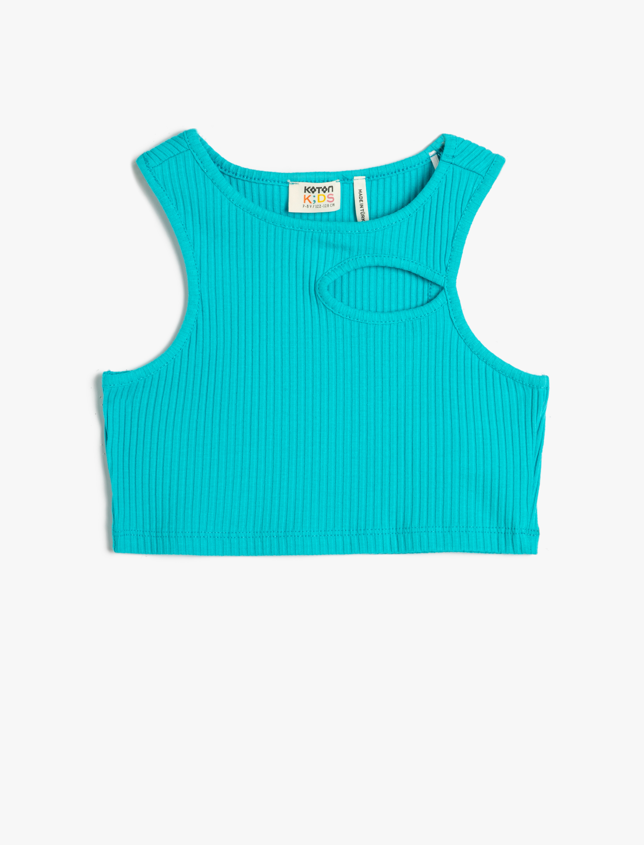  Kız Çocuk Crop Üst Pencere Detaylı Kolsuz Yuvarlak Yaka Ribanalı Pamuklu