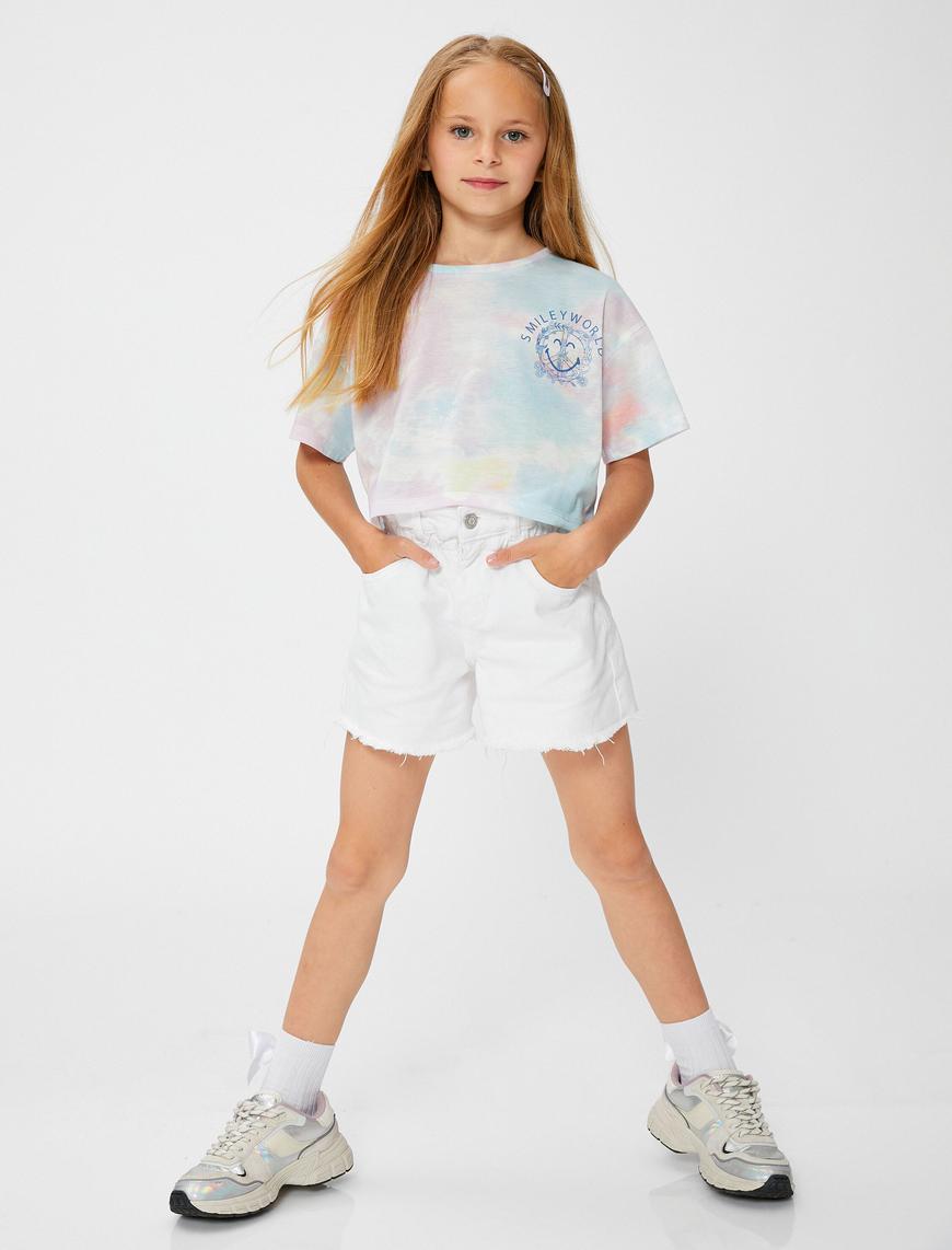  Kız Çocuk Arkası Baskılı SmileyWorld® Tişört Lisanslı Batik Desenli
